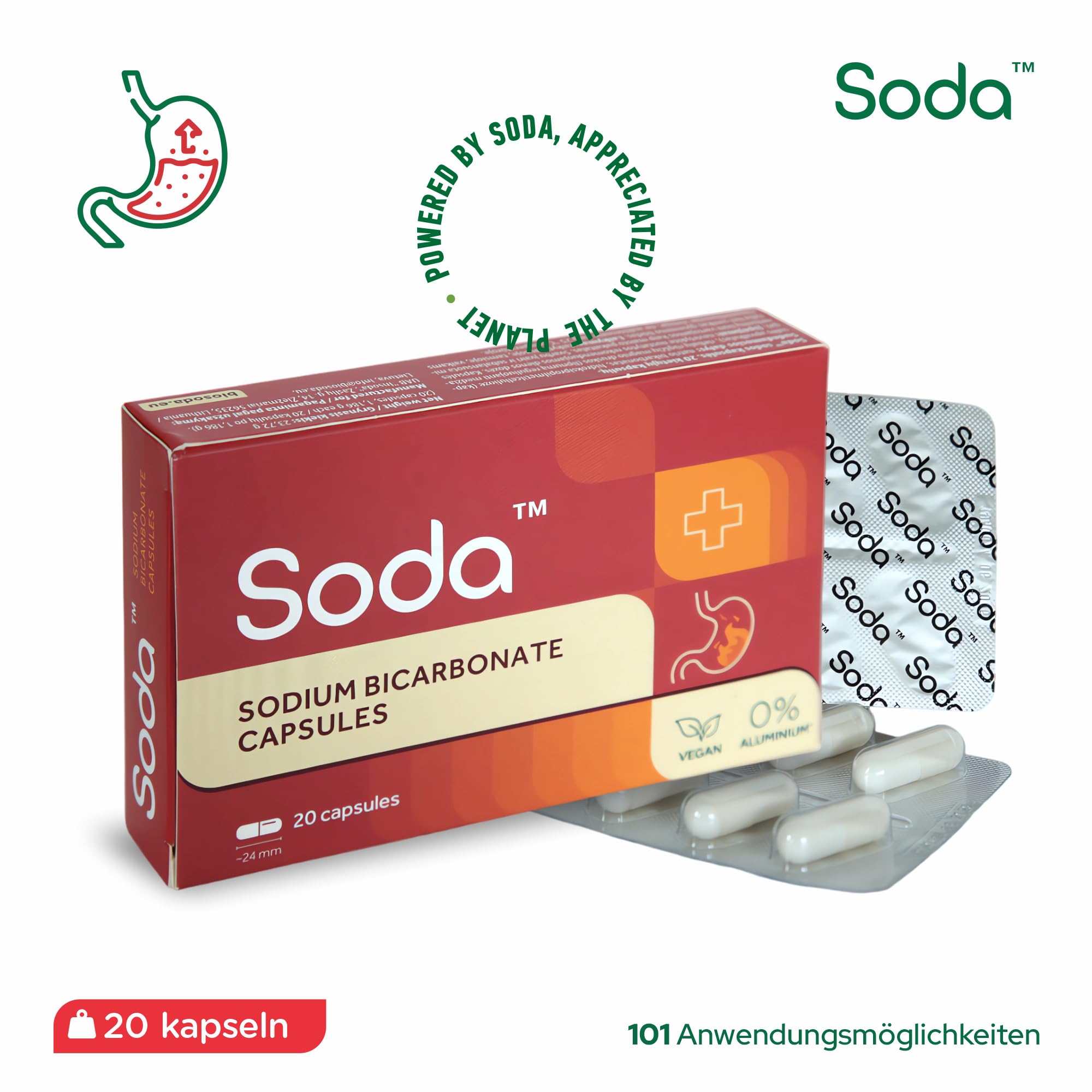 Natriumbicarbonat-Kapseln - 60 Kapseln (3 Packungen 20 Kapseln) - Körper pH-Balance, Magenprobleme, umweltfreundlich, tierfreundlich, Schönheitsprodukt, vegan. Von Soda™