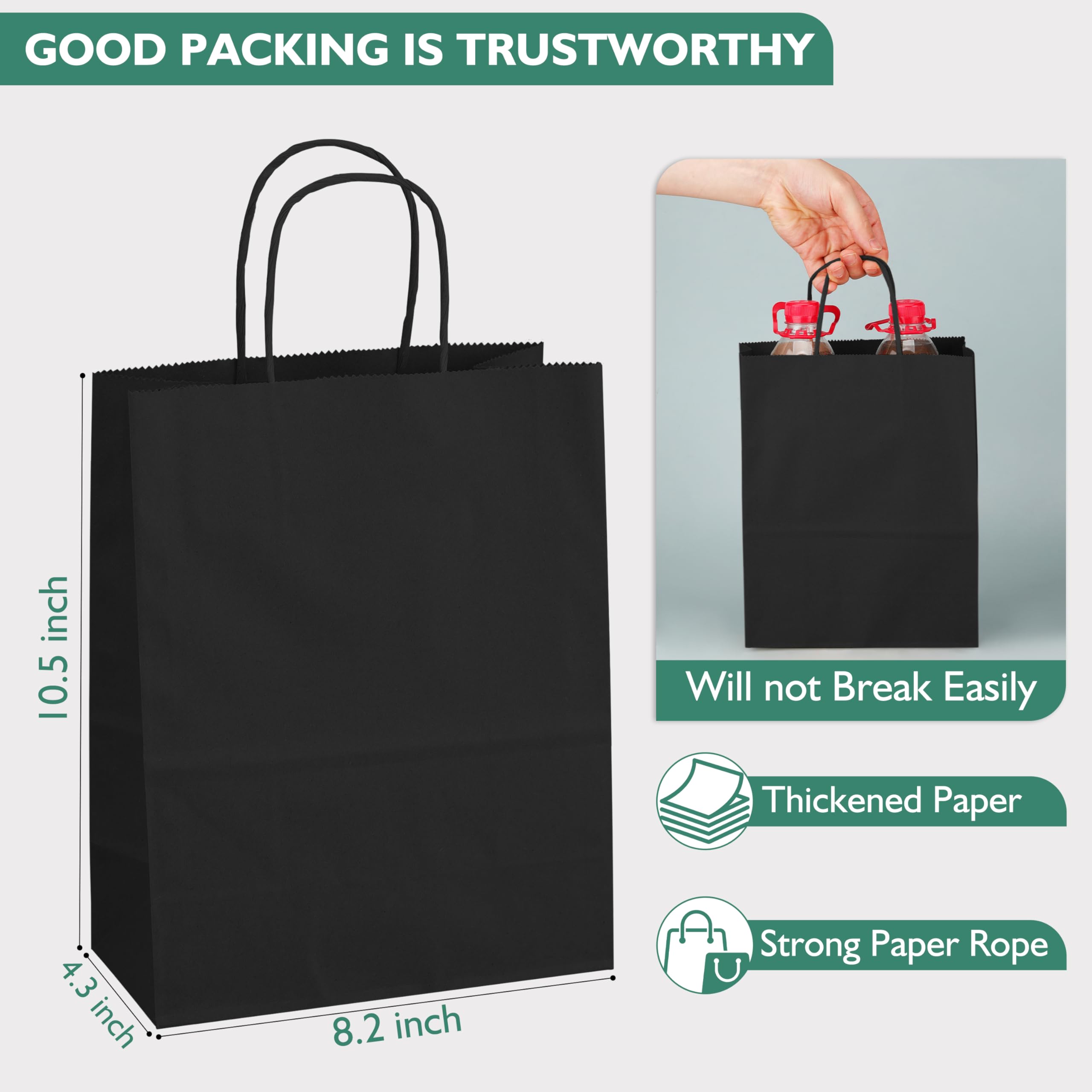 Tlpmsk 100 Pack Black Paper Bags with Handles,8.2x4.3x10.5 Inch Paper Gift Wrap Bags Bulk for Valentine's Day,Mother's Day,Shopping,Retail,Party Favors