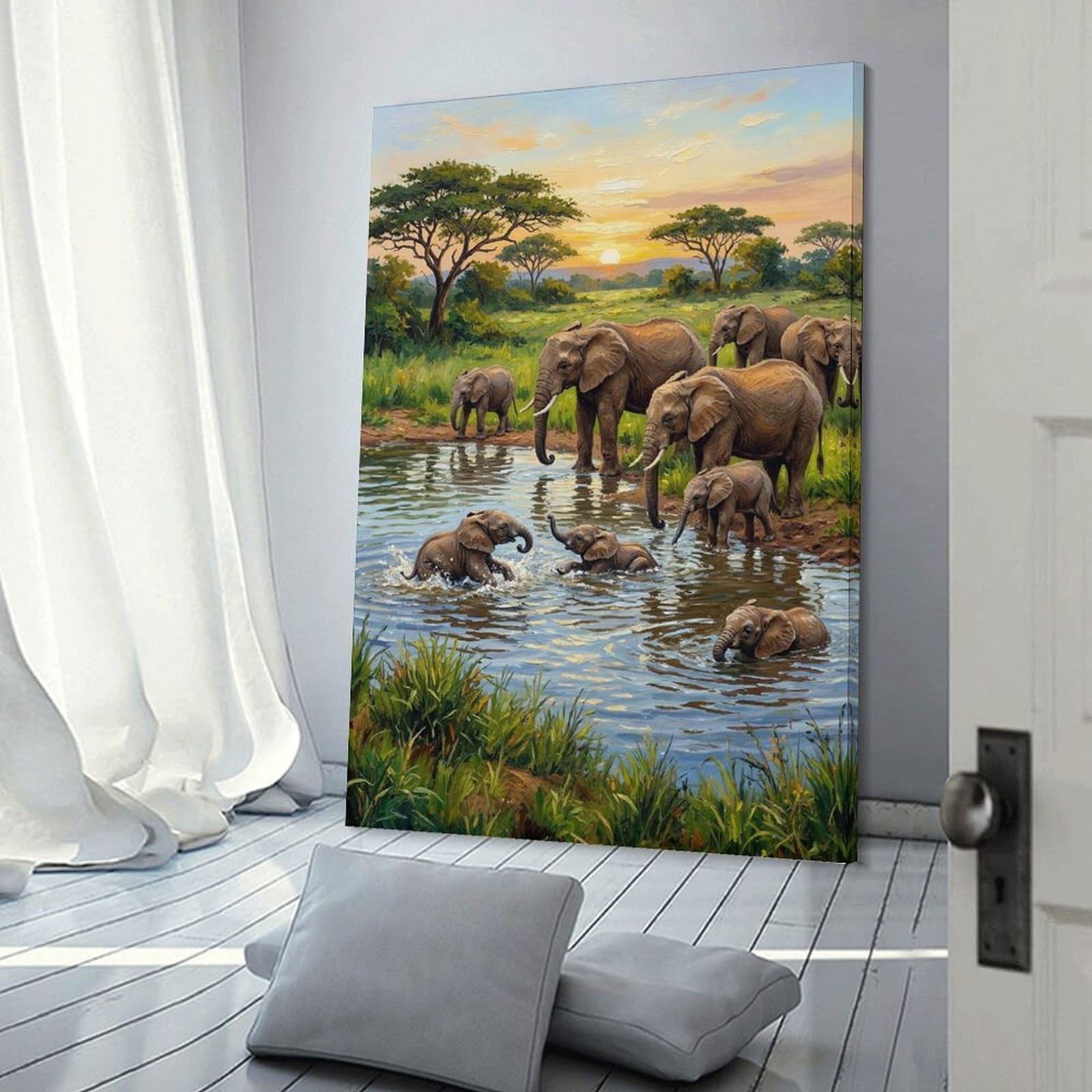 Junmoney Room Decor Wall Art Elephants at Watering Hole Painting, 24x36inch(60x90cm), for Living Room, Lounge Or Sitting Room, Canvas Styling for A Polished Room Look