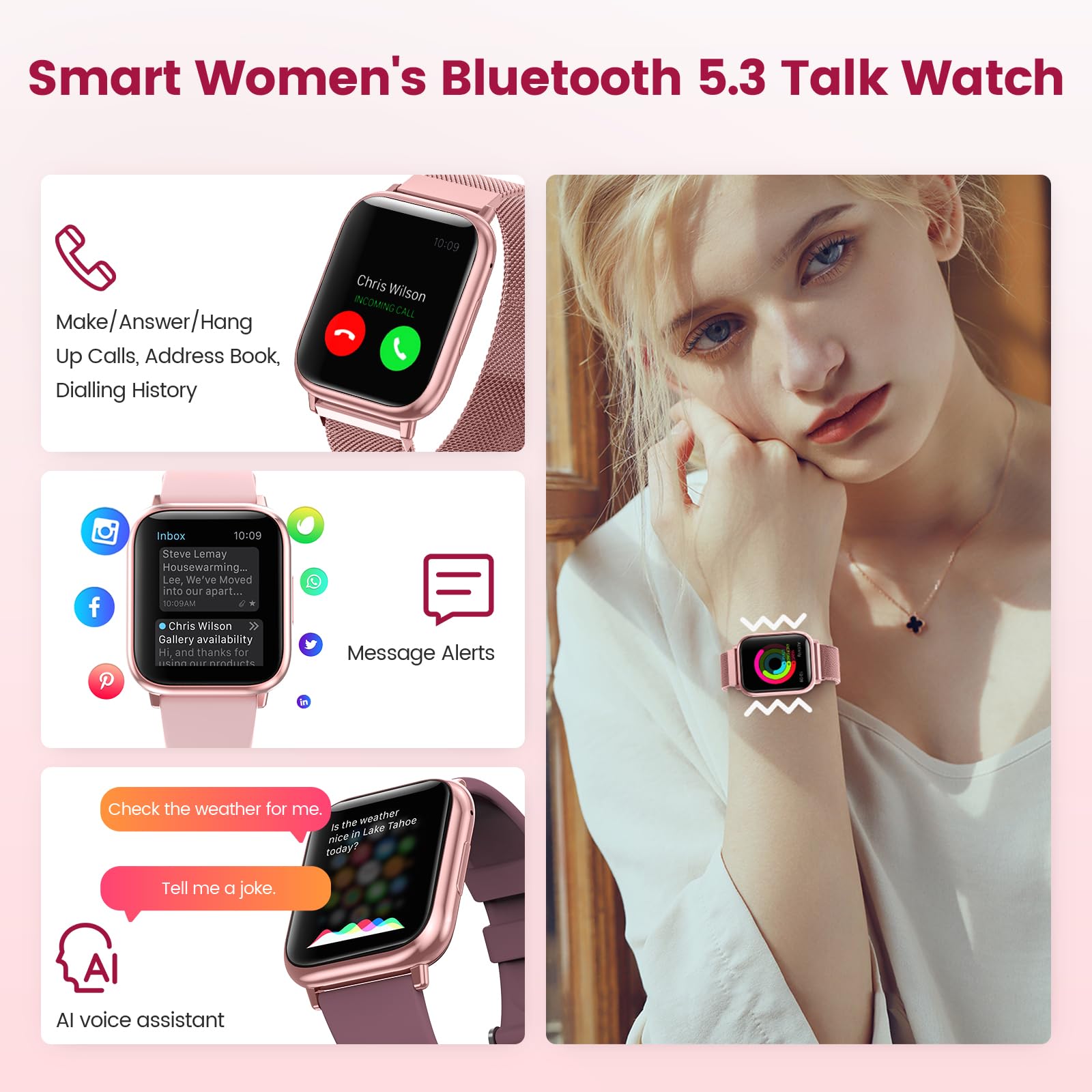 Smartwatch Donna con Chiamate Bluetooth, 1,83” Smart Watch 107+ Sportive con SpO2/Ciclo Mestruale/Frequenza Cardiaca/Monitoraggio Sonno/Impermeabile IP68 FitnessTracker per iOS Android (Rosa Corallo)