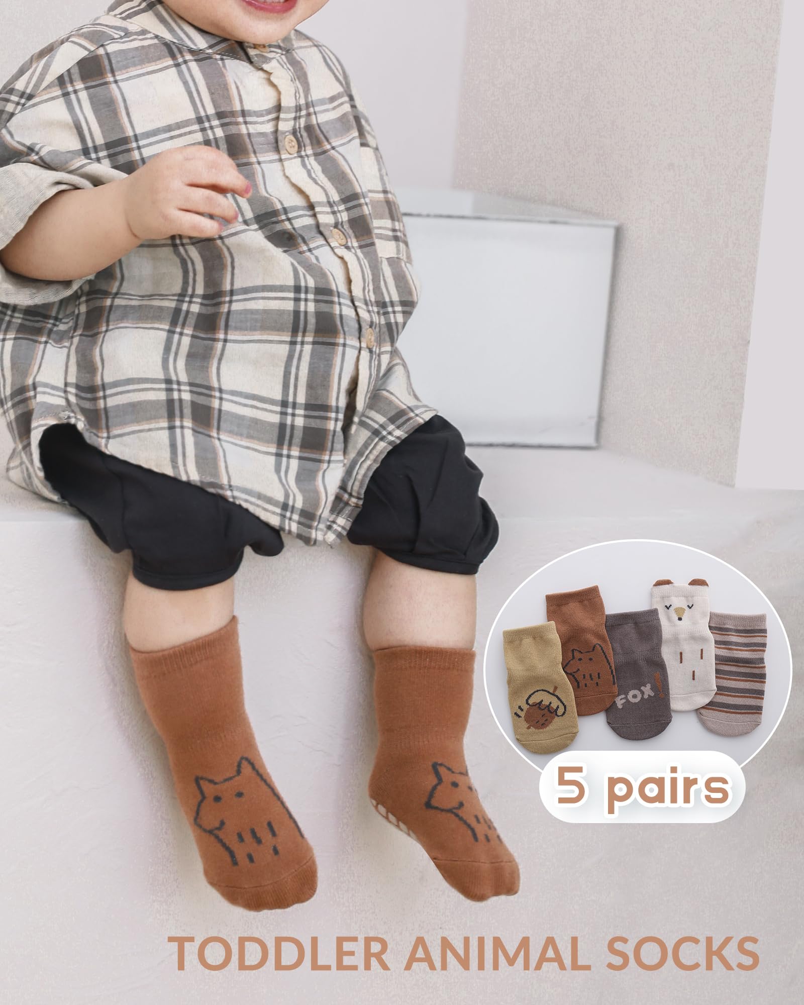 Witwot 5 Pairs Baby Socks Non Slip Toddler Socks Kids Cotton Grip Socks Anti Skid with Gripper Cartoon Pattern for Boys Girls 0-4 Years, Color-A, 1-2 Years 2