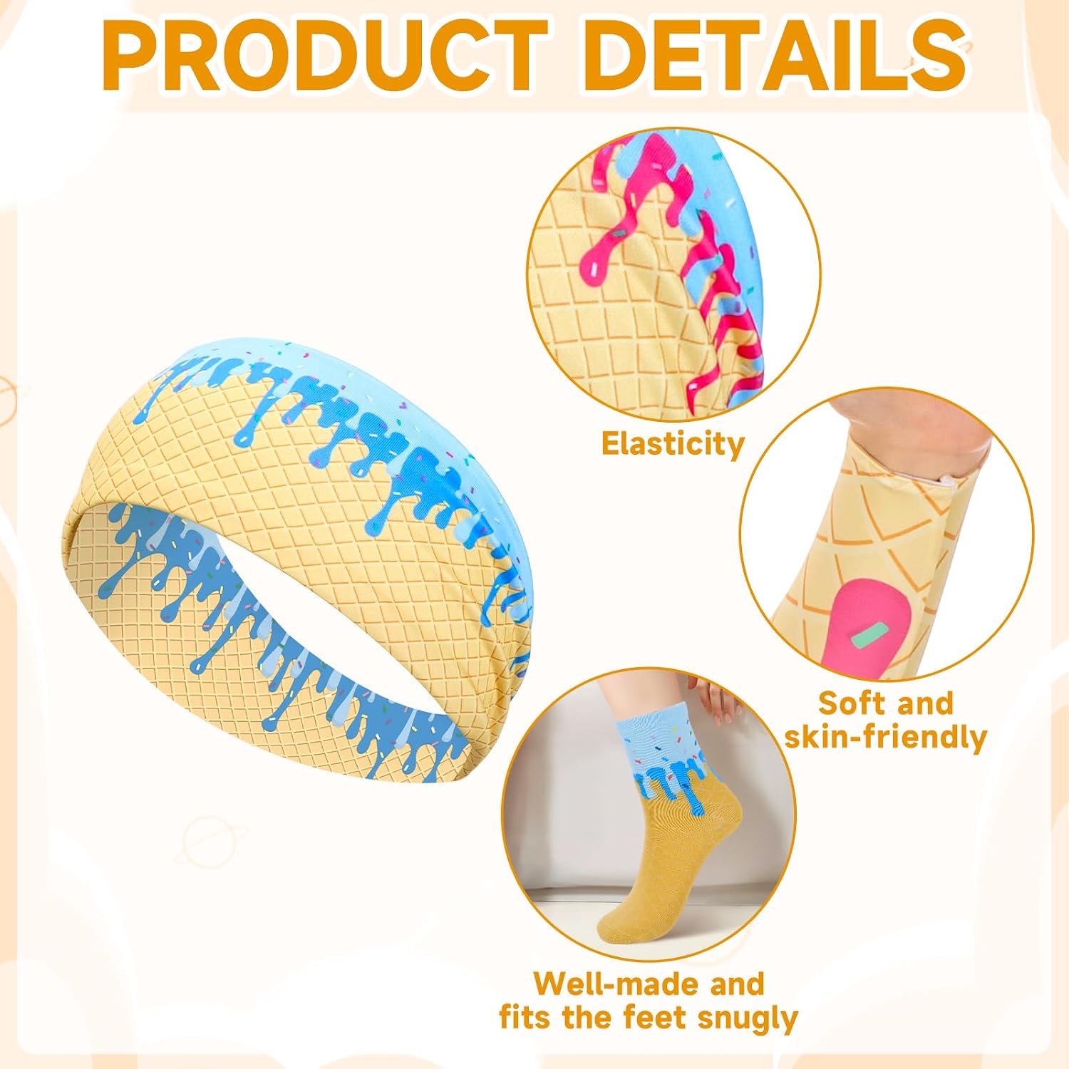 12Pcs Elastic Polyester Sports Headband Sets Include Teenager Ice Cream Baseball Headband Arm Sleeves and Socks for Boys Girls Football Basketball Running Gym Yoga Workout