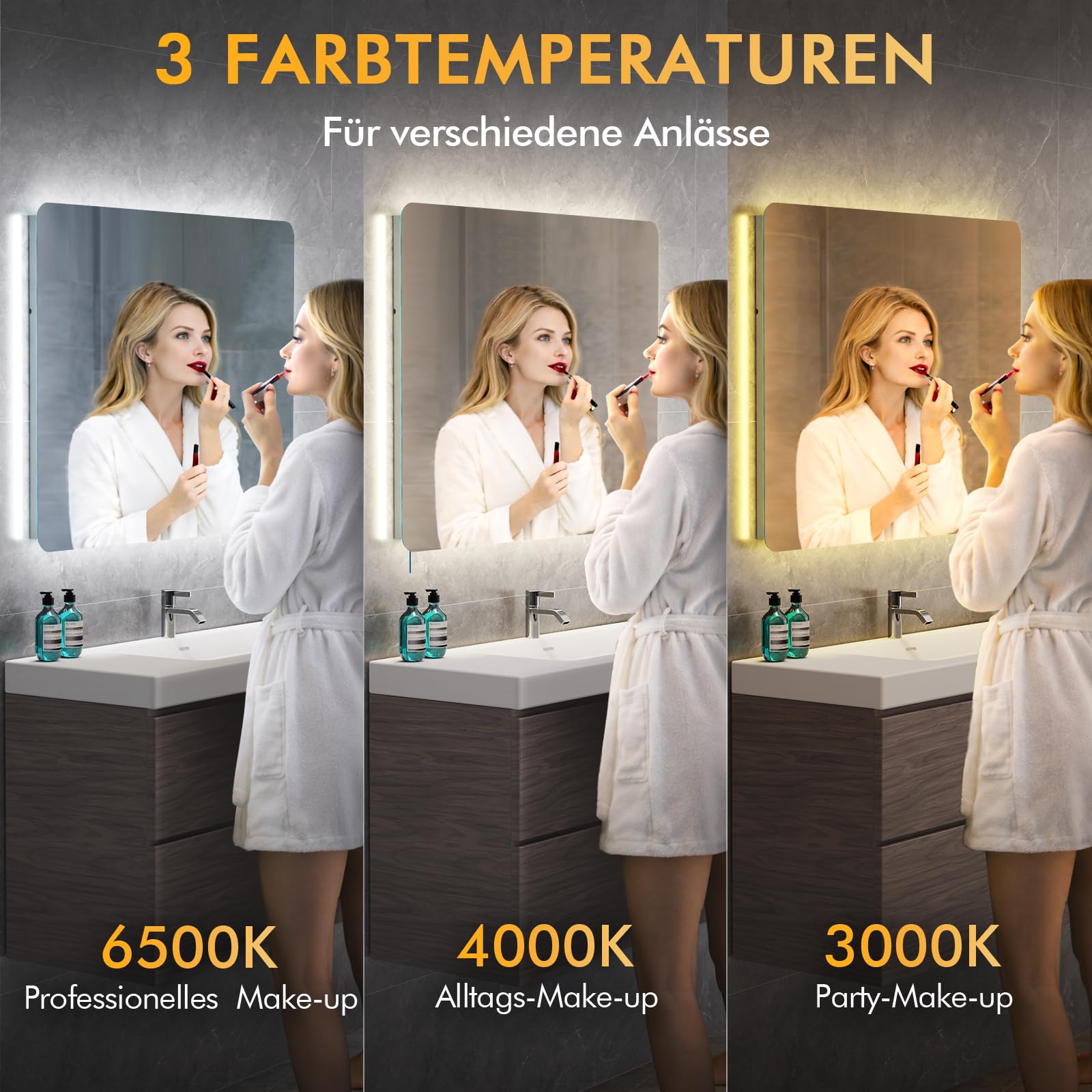 Badspiegel mit Beleuchtung 80x60 cm, LED Spiegel Bad mit Licht, 3 Lichtfarben, Dimmbar, Antibeschlag, Speicherfunktion, IP44, Horizontal/Vertikal montierbar, Rückbeleuchtung