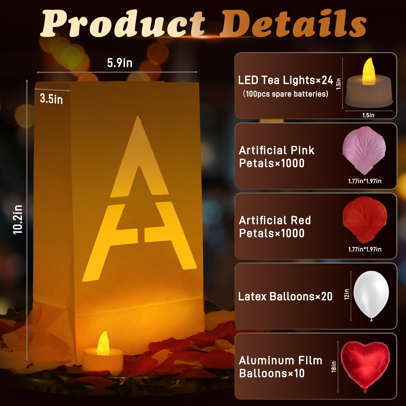 YMDOBIGER Happy Birthday Light Up Letters, Luminary Paper Bags with LED Flameless Tealights Fake Rose Petals Balloons for Women Men Birthday Decorations