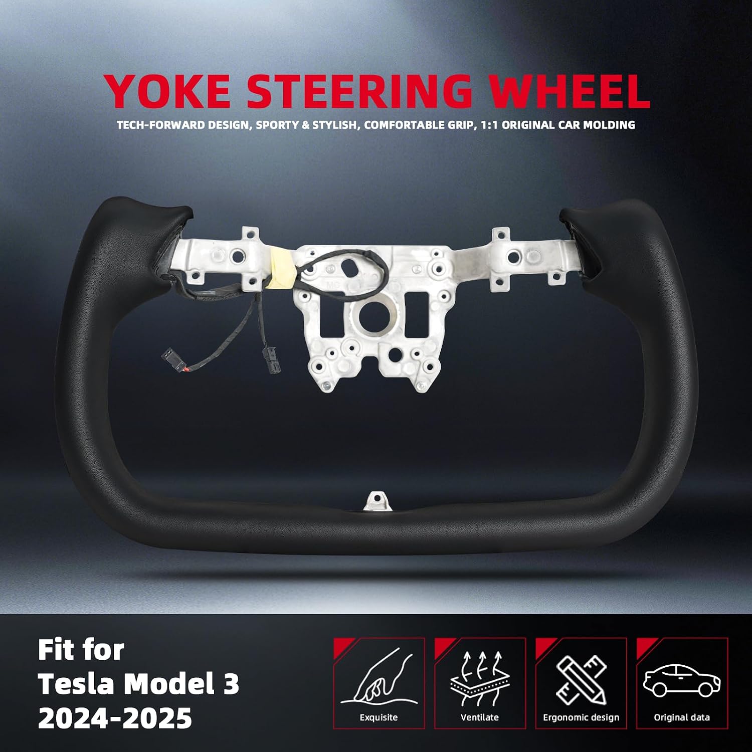 Yoke Black Micfiber Smooth Leather Steering Wheel with Side Glossy Carbon Fiber For Tesla Model 3 Highland Accessories 2024 2025 With Heating Function
