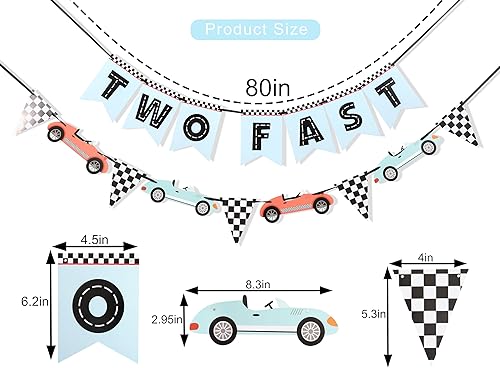 Vista 2 de Two Fast Banner - Dos decoraciones de cumpleaños rápidas, decoraciones de segundo cumpleaños de carreras, bandera de fiesta de coche de carreras