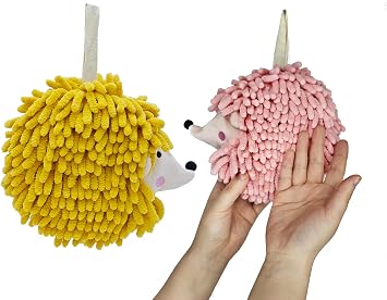 Fuzzy Ball Hand TowelsSet of 2-Absorbent Chenille Hedgehog Towels Dry Hands Quickly with Soft Cute Decorative Hand Drying Hanging Ball Towels for Bathroom Pink and Bright Yellow