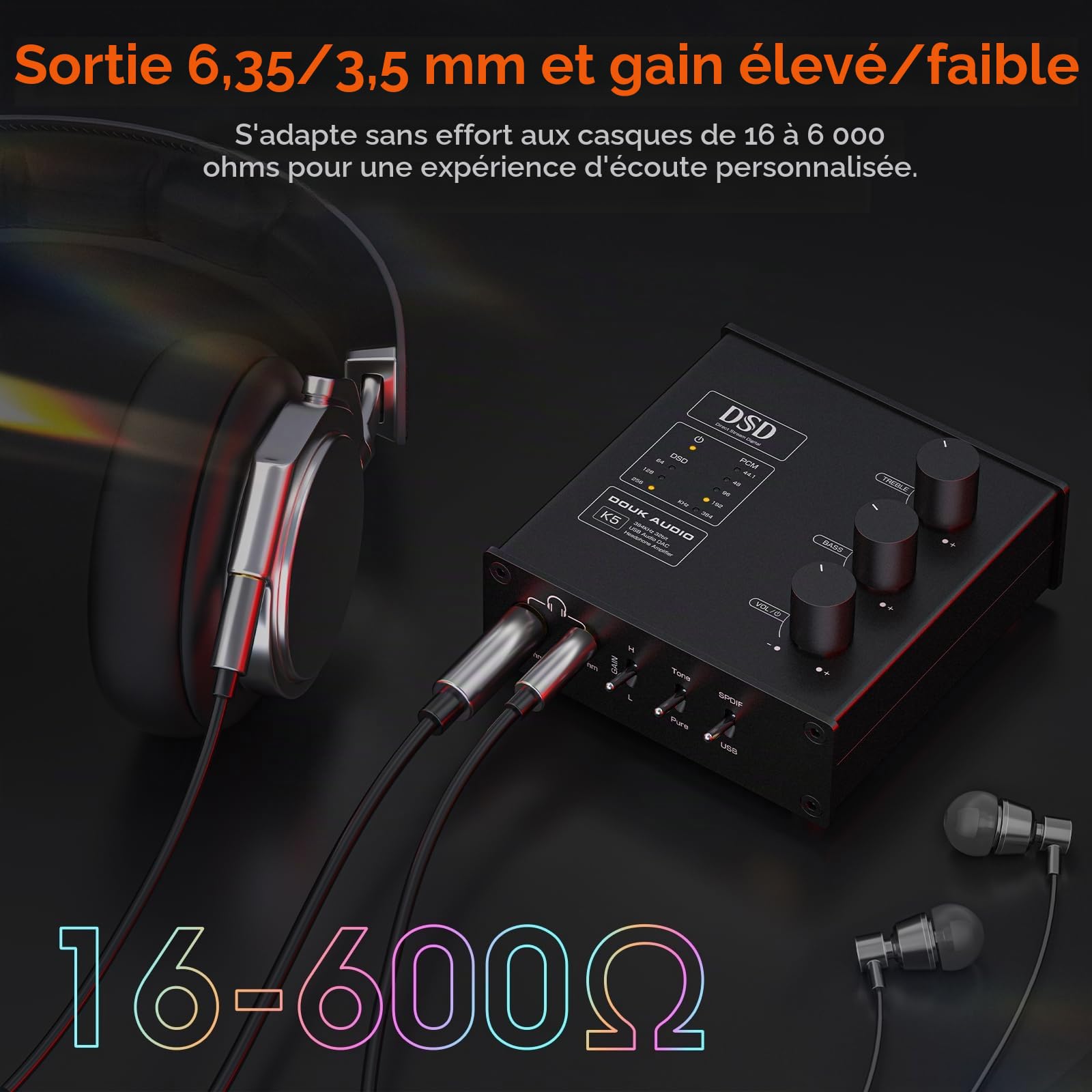 Douk Audio K5 PC DAC Amplificateur pour Casque avec USB & entrée Optique DSD256 pour amplificateur, Haut-parleurs, Mac, Ordinateur