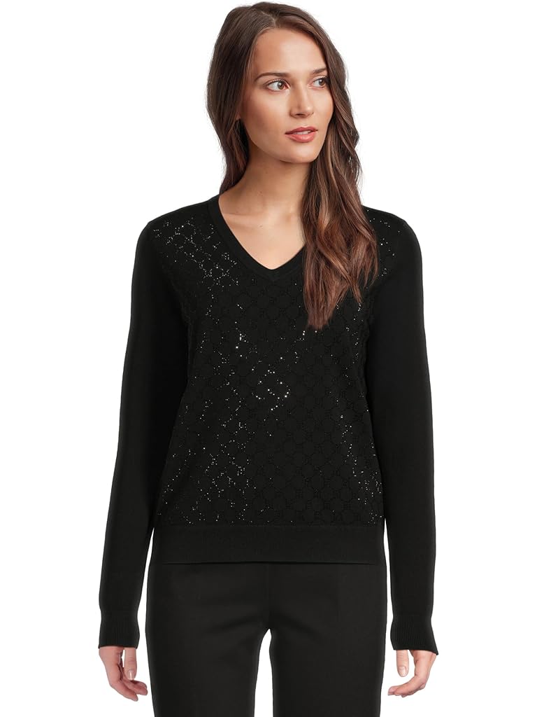 Black Elliott Lauren Pop Top - Long Sleeve V-Neck Sweater with Crystals detail