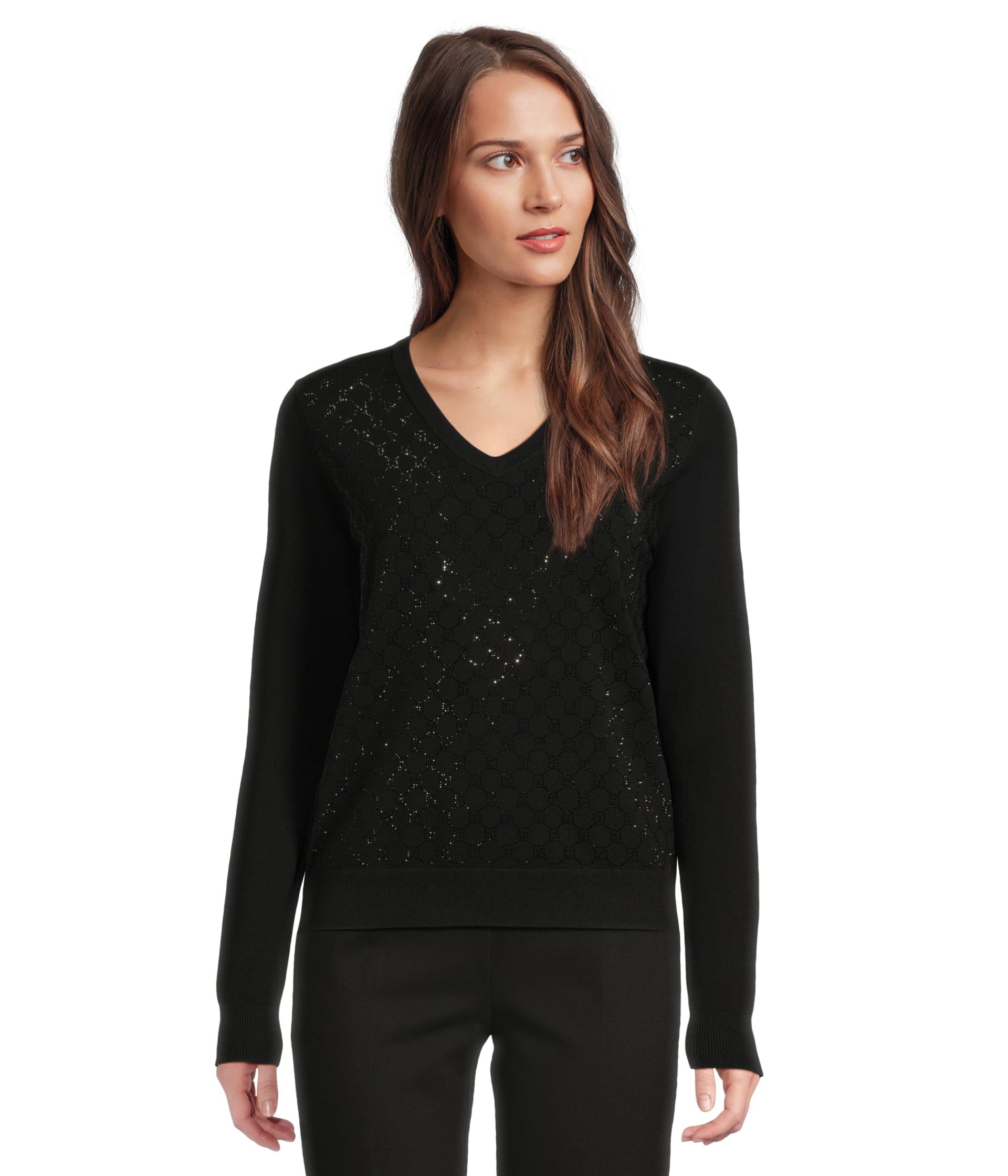Elliott Lauren Womens Pop Top - Long Sleeve V-Neck Sweater with Crystals Detail