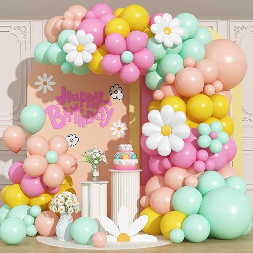 Daisy Flower Balloon Arch Kit 102Pcs Groovy Floral Balloons Garland with Foil Balloons Boho Pink Yellow Pastel Green Orange White Birthday Party Decorations for Girls Spring Bridal Baby Shower Holiday