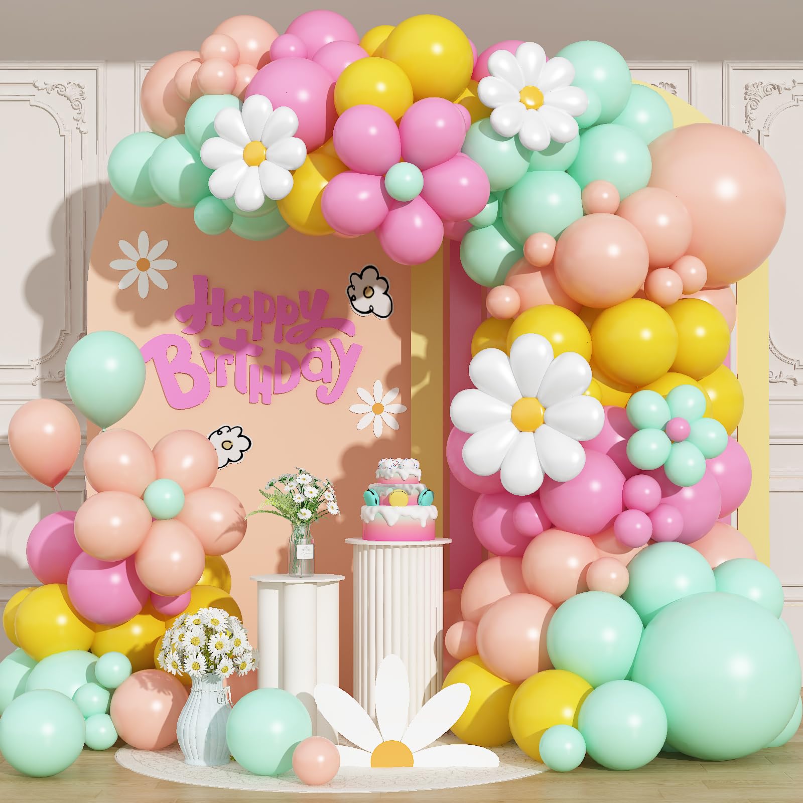 Daisy Flower Balloon Arch Kit Groovy Floral Balloons Garland with Foil Balloons Boho Pink Yellow Pastel Green Orange White Birthday Party Decorations for Girls Spring Bridal Baby Shower Holiday 102Pcs โ image 1