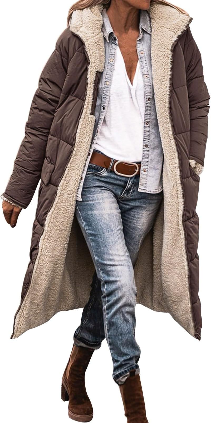 Long Winter Coats For Women Warm Oversized Reversible Fleece Puffer Shearling Down Jackets Outerwear With Hood