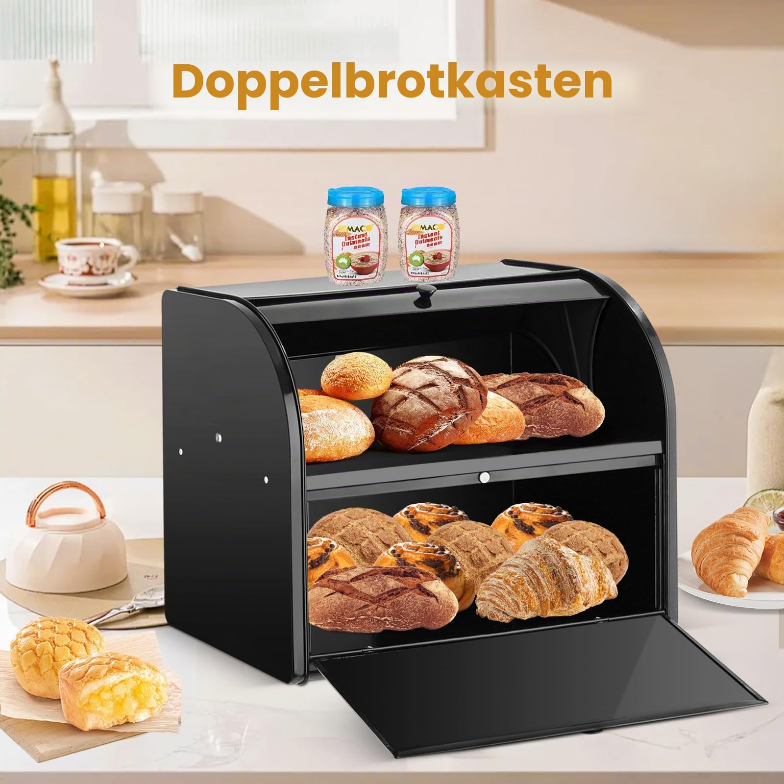 Edelstahl Brotkasten 2 Etagen mit Rolltop Deckel, extragroßer Brotbox Schwarz, Metall Brotbehälter bereits montiert, 40x24x32 cm Küchenaufbewahrung, geeignet für Gebäck und Kekse, Schwarz