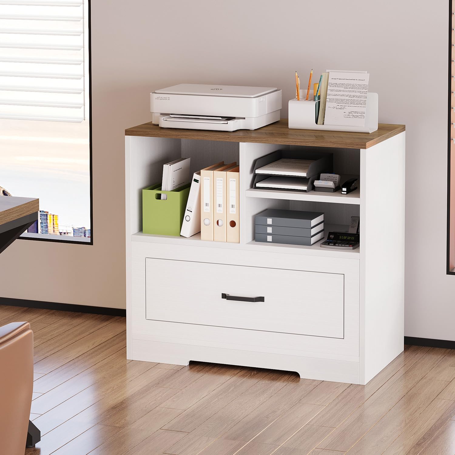 LVB Aktenschrank mit Schublade Schreibtisch Schrank für DIN A4 Letter Format Druckerständer Büroschrank mit offenem Regal für Arbeitszimmer Büro und HomeOffice Schubladenschrank Weiß 83 cm