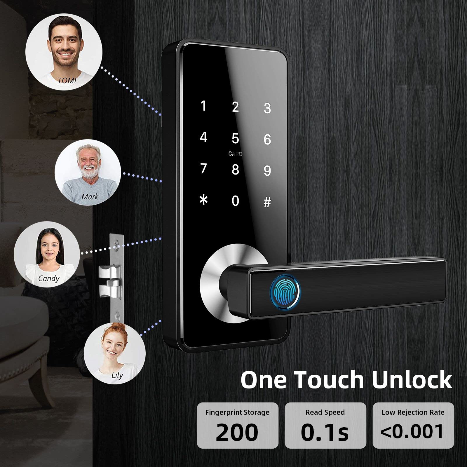 Ruveno Serrure de porte intelligente à empreinte digitale, niveau de porte d'entrée sans clé, sécurité d'accès Bluetooth APP pour la maison(noir)
