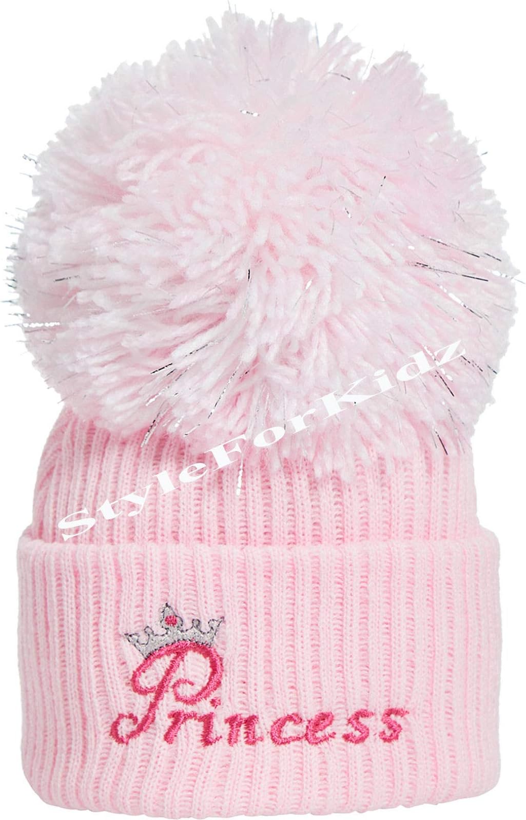 Soho FashionsLuxury British Made Baby Girl Full Pink White/Pink Princess Silver Pom Cute Decorative Frilly Knitted Pom Pom Newborn Baby Hats