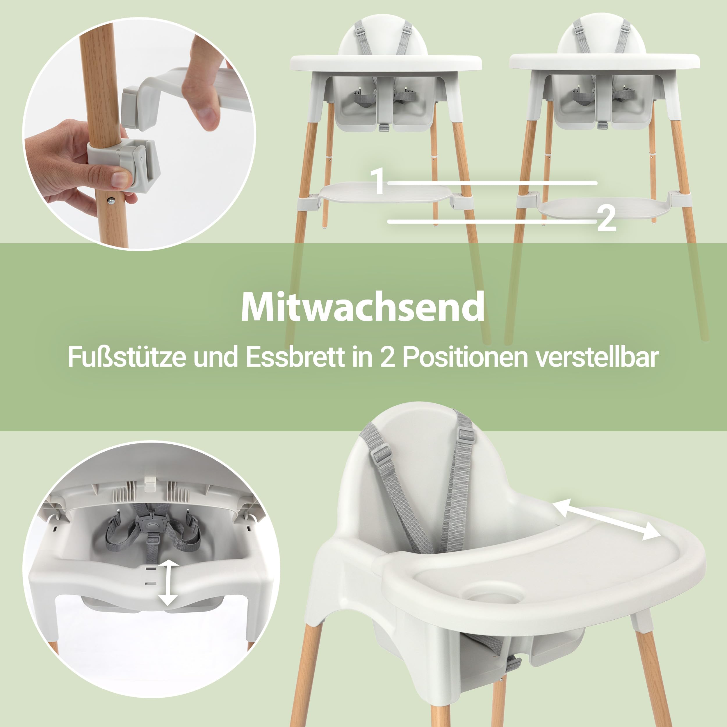 Zamboo Hochstuhl Baby ab 6 Monate | leichter Kinderhochstuhl (3,5 kg) mit edler Holzoptik, großem abnehmbarem Tablett und 5-Punktgurt | EN 14988:2017 geprüft, kippsicher, bis 15 kg - Grau