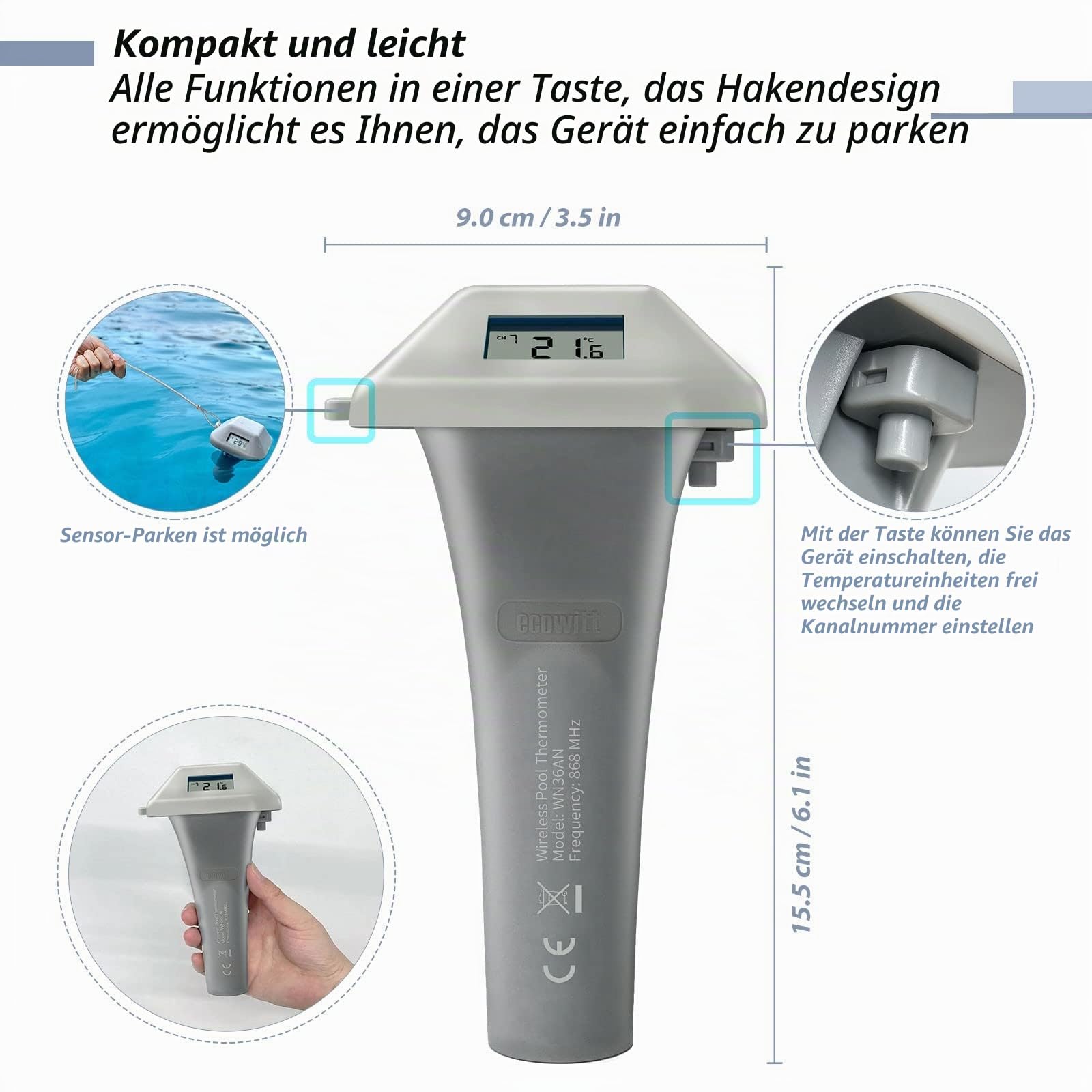 Ecowitt Pool Thermometer WN36, schwimmendes, gut ablesbares, kabelloses Pool-Thermometer für Schwimmbäder, Spas und Whirlpools, Unterstützung mehrerer Kanäle für Gateway GW1100/GW2000-Konsolen 868MHZ