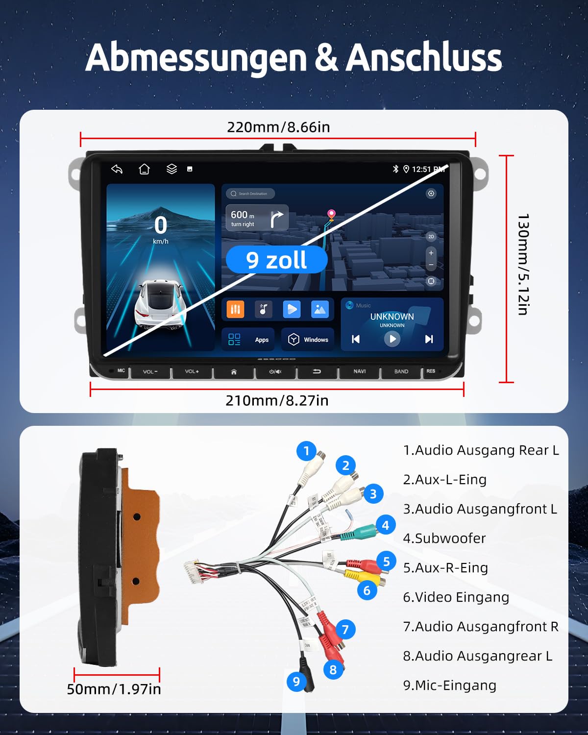 Essgoo 4+64G Autoradio 9 Zoll Android 14 Radio mit Carplay und Wireless Auto für VW Golf 5 6 Touran B6 EOS Tiguan Polo mit Bluetooth GPS RDS Navi Mirror Link FM SWC