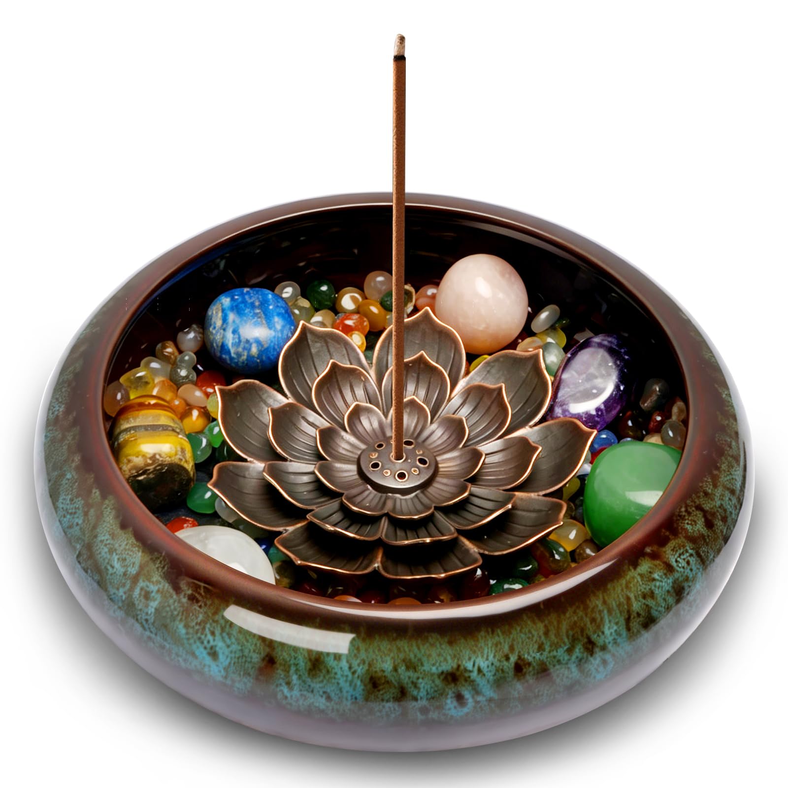 Lermende Bruciatore Incenso in Ceramica: Porta incenso con design loto rimovibile con Bruciatore per Incenso con Pietre dei Chakra e Coperchio in Metallo, Bruciatore per Incenso per La Meditazione.