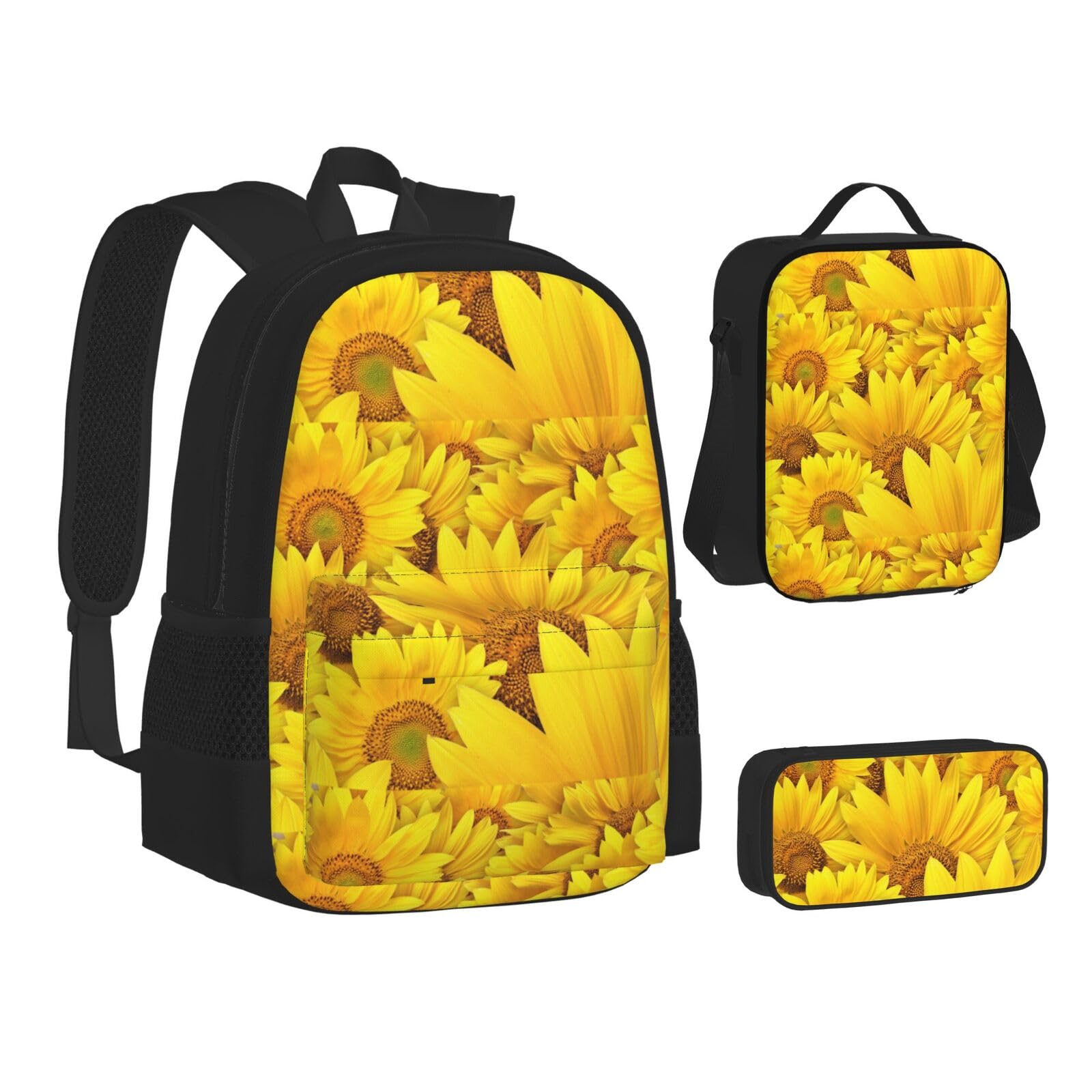 Juego de mochilas escolares 3 en 1 de lona con estampado de girasoles, bolsa de almuerzo, estuche para lápices para hombres y mujeres