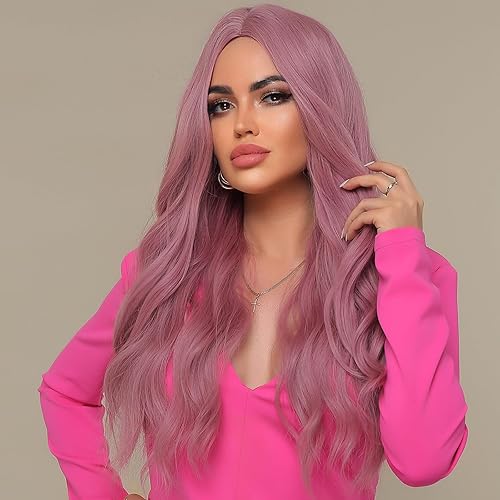 Miniatura 4 de WL-07 Peluca larga ondulada para mujer, 26 pulgadas, parte media, rizada, ondulada, de aspecto natural, peluca de fibra sintética resistente al