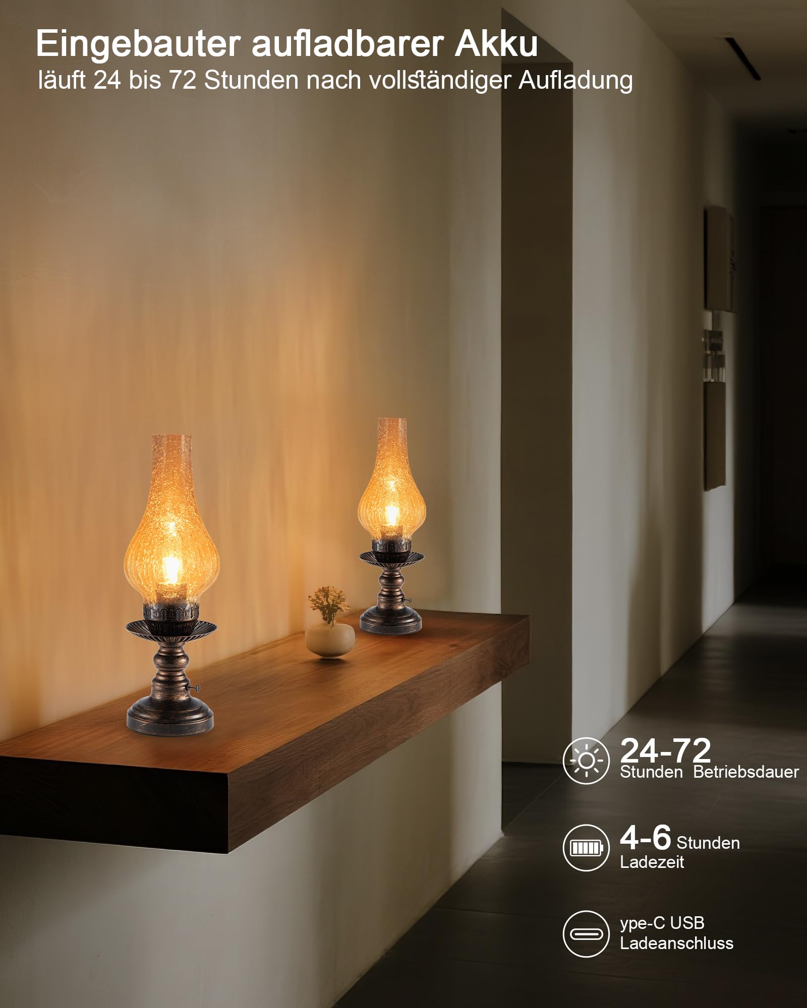 Kabellos Tischlampe Vintage Tischleuchte Ohne Kabel Akku Aufladbar | Touch Dimmbar, LED Keine Glas Lampe, Retro Antik Nachttischlampe Schlafzimmer Wohnzimmer Fensterbank Landhaus Deko