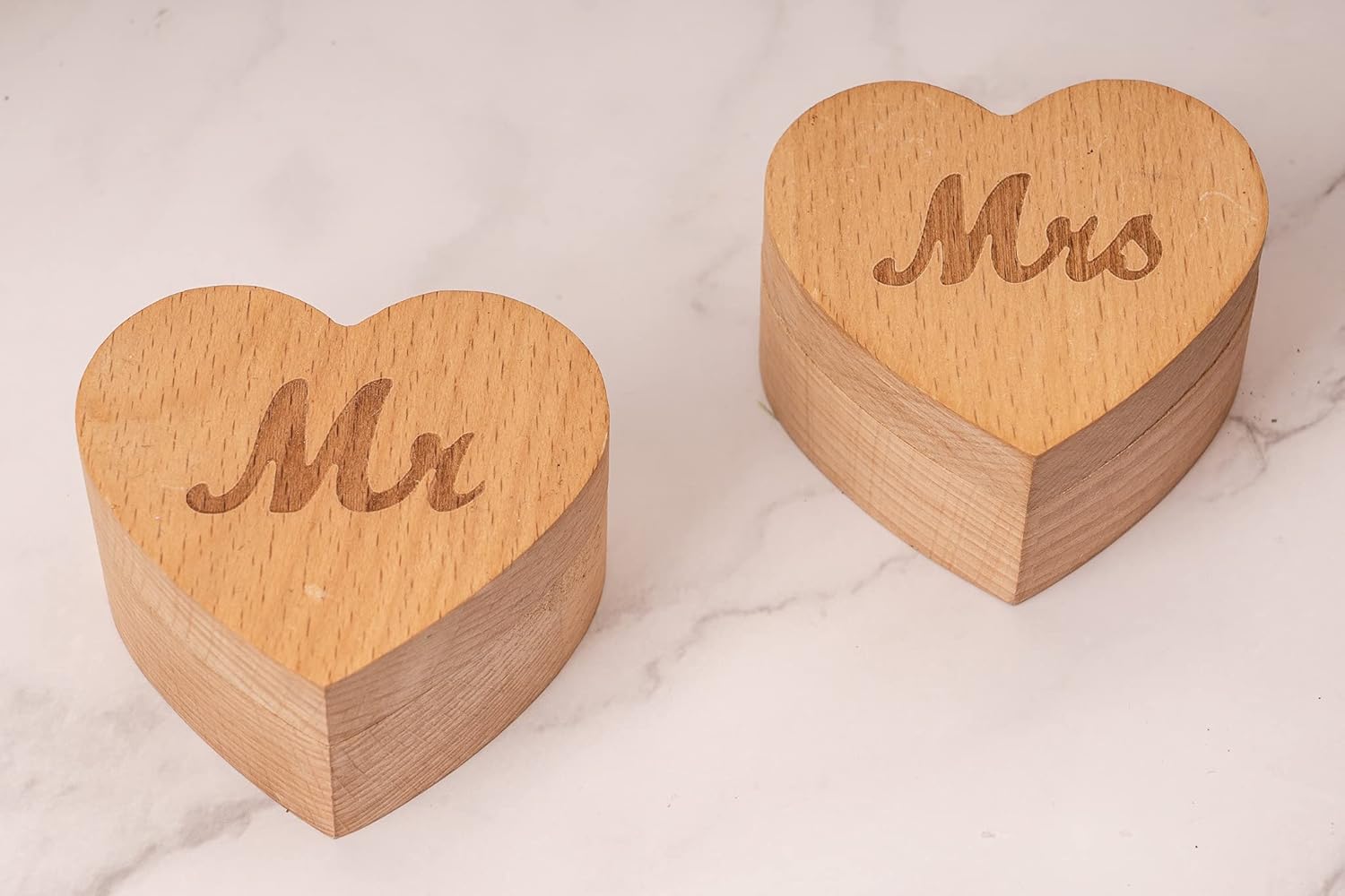 Strova Heart Shaped Wooden Ring Box for Wedding Rings – Set of 2 with Engraved Mr. & Mrs. Lettering – Ring Bearer Box for Display or Personal Organizer – Protective Ring Cushions and Magnetic Closure