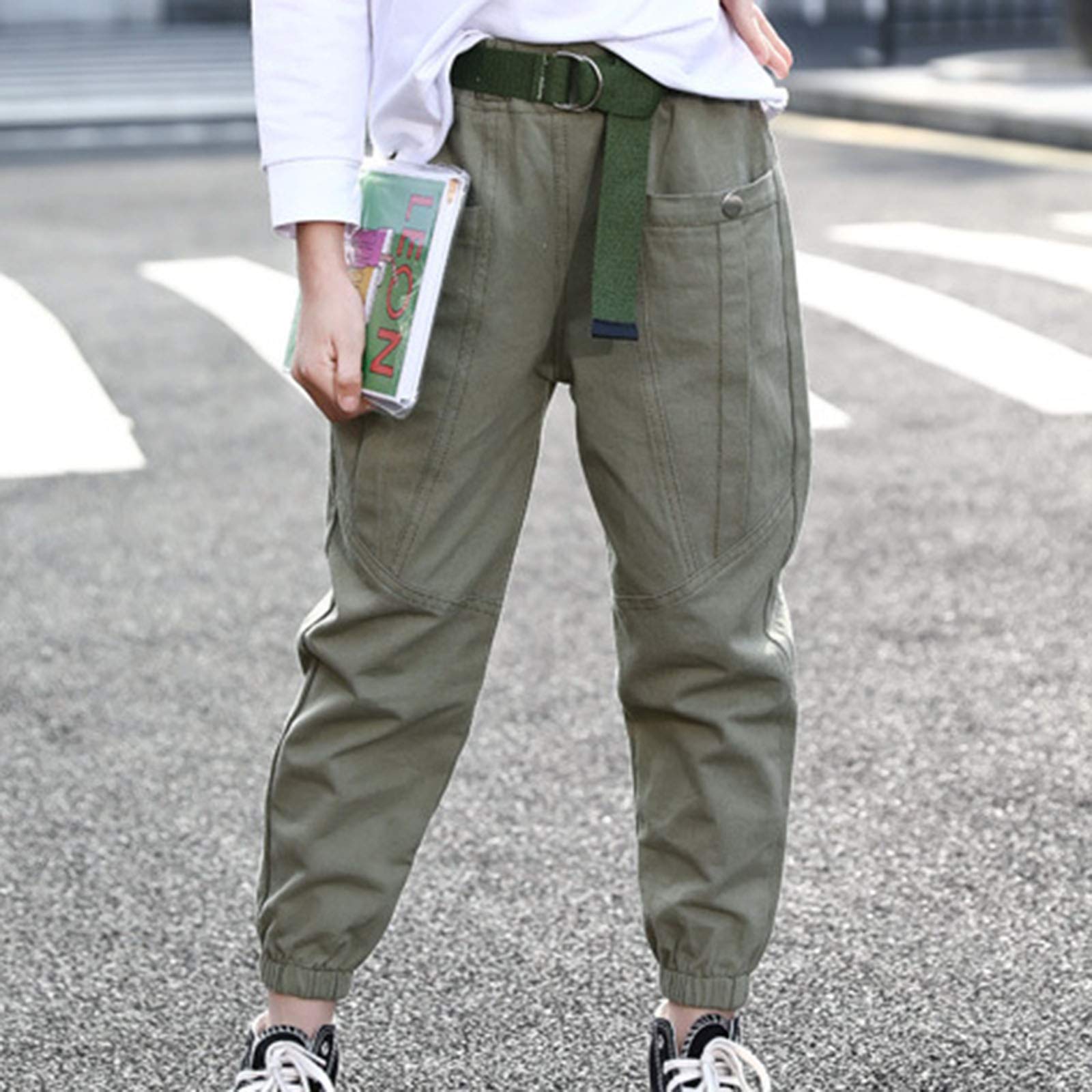 JanJean Kids Girls Teens Cotton Cargo Jogger Pants High Waist Loose Fit Pants with Pockets Street Hip Hop Dance Costume Green 1 4-5