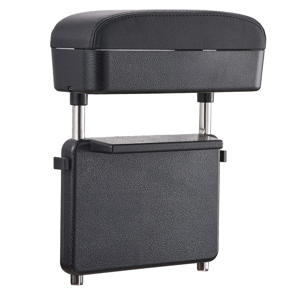 JSCARLIFE Organizador de consola central de coche, reposabrazos, caja de almacenamiento multifunción, soporte de soporte para coche, cargador inalámbrico de PU negro