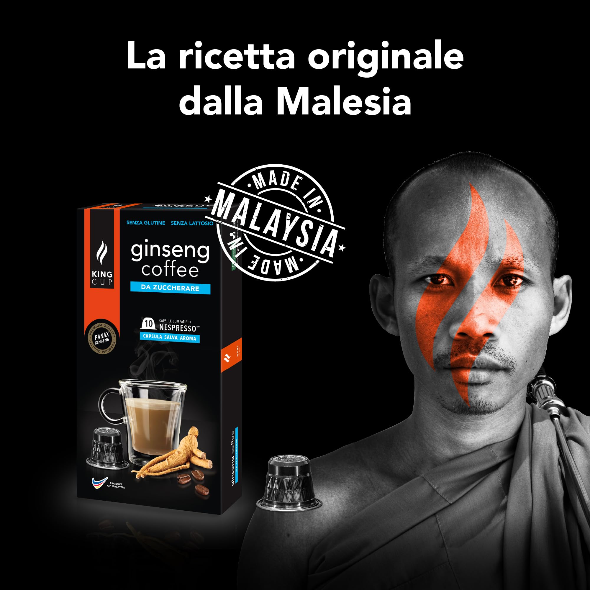 King Cup - 10 Confezioni da 10 Capsule di Ginseng da Zuccherare, 100 Capsule 100% Compatibili con Sistema Nespresso di Bevanda al Gusto di Ginseng, Senza Glutine e Senza Lattosio