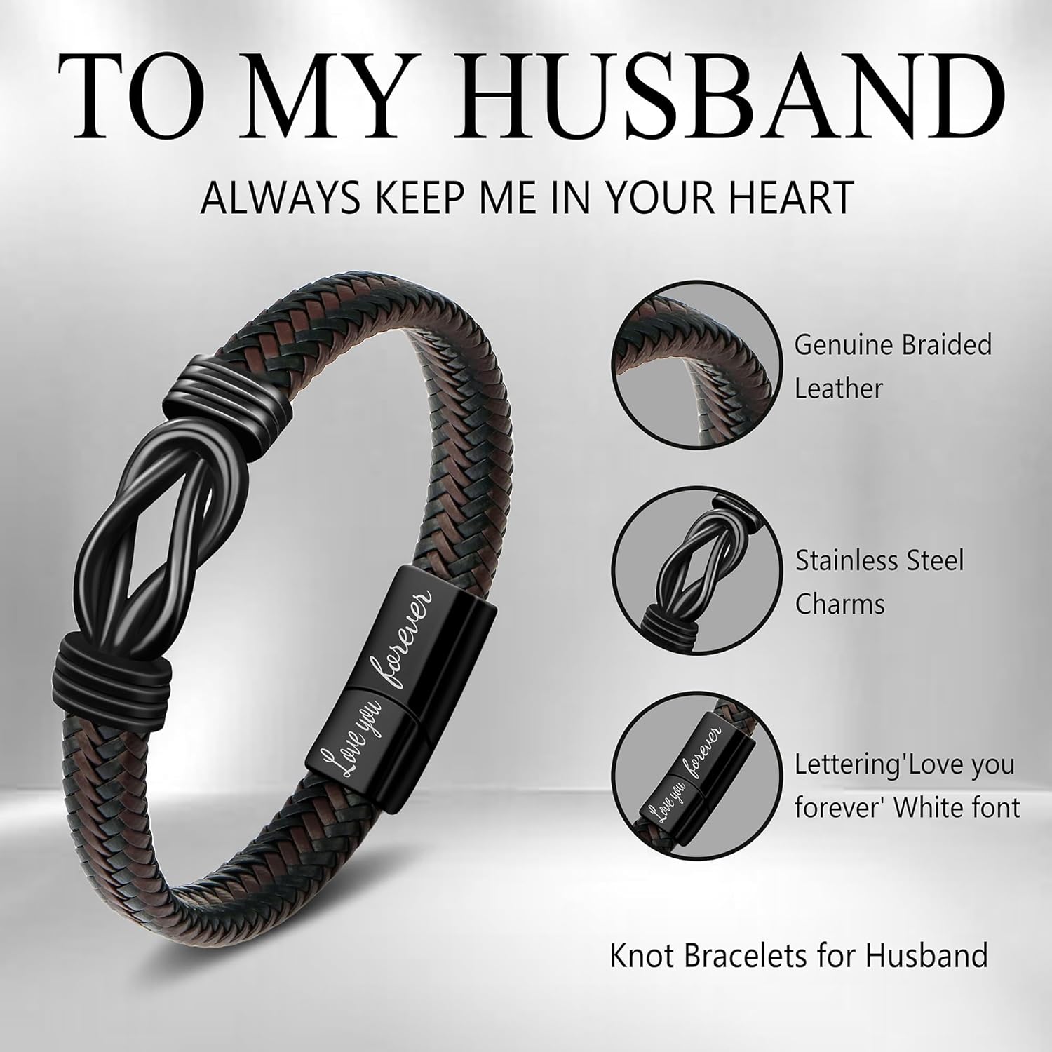 𝗞𝗻𝗼𝘁 𝗕𝗿𝗮𝗰𝗲𝗹𝗲𝘁 𝗚𝗶𝗳𝘁𝘀 𝗳𝗼𝗿 𝗠𝗲𝗻 Brown Braided Leather Stainless Steel Infinity Bracelets Lettering Love You Forever Gifts for Son Grandson Husband Boyfriend Brother Always Linked Together - Image 4