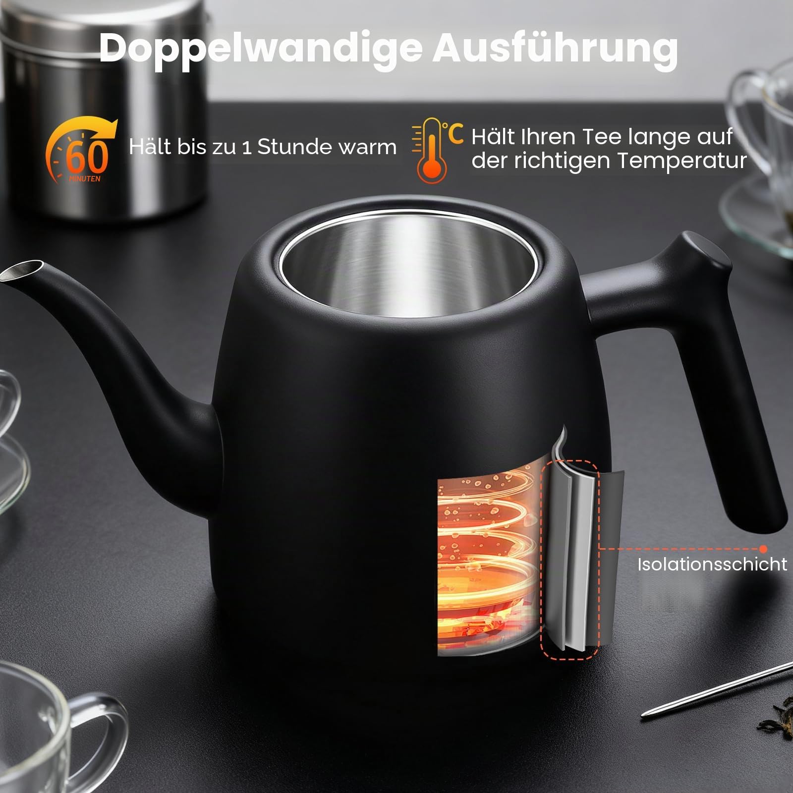 Teekanne Schwarz, 2L Große Tee Kanne mit Teesieb,Teapot Thermo 10-12 Tassen Doppelwandig Tea Maker aus Edelstahl für Losen Tee Ingwer & Kräutermischungen
