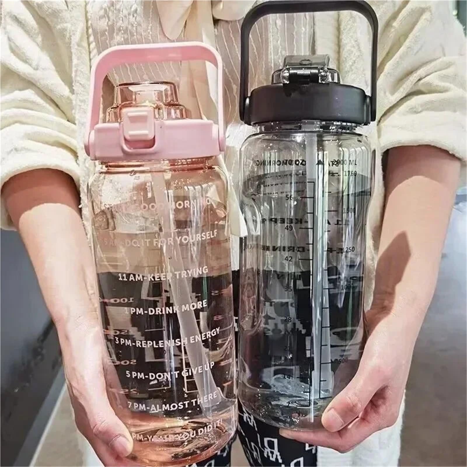 Trinkflasche sport 2-Liter-Trinkbecher aus Kunststoff mit Strohhalm, großem Fassungsvermögen und Zeitanzeige for Outdoor-Sportarten für den Außenbereich(Blue)