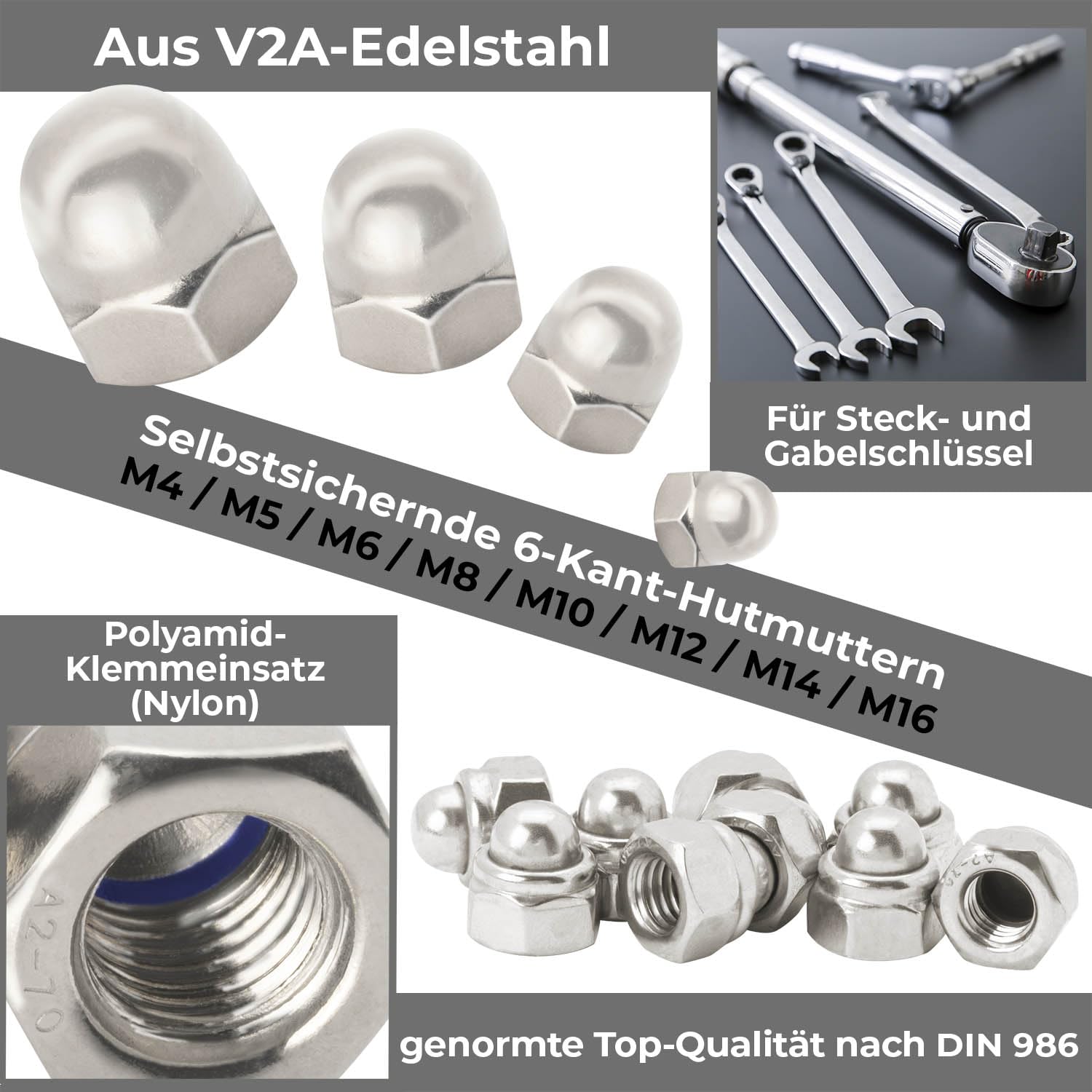 Hutmuttern M12 100 Stück Sechskanthutmuttern hohe Form Kappenmuttern aus nicht rostendem Edelstahl A2 V2A Muttern Schutzkappen für Gewindestangen, Gewindebolzen und Schrauben DIN 986