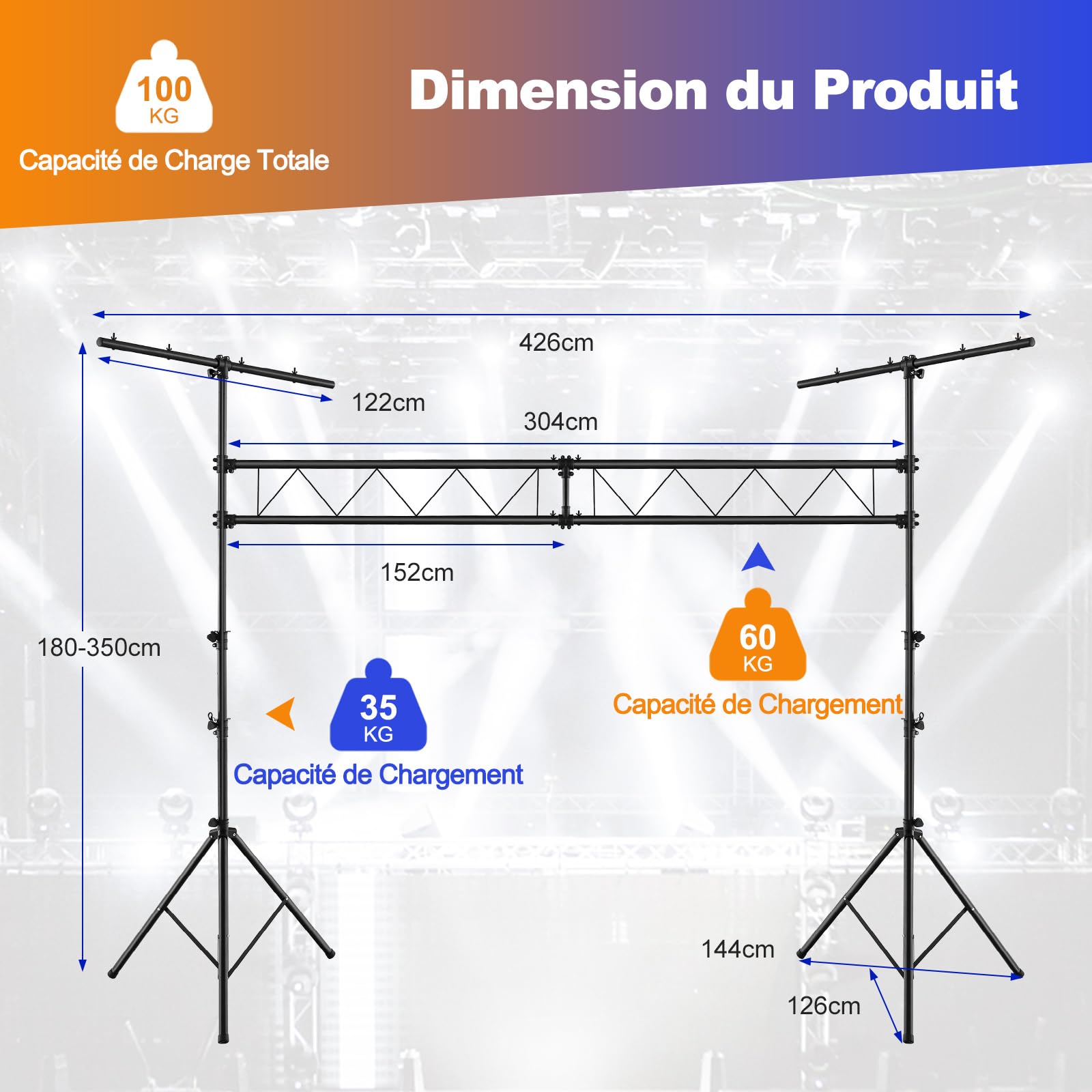 COSTWAY Support d'Éclairage LED avec Hauteur Réglable 180 à 350 cm Charge 100KG, Support de Lumière Trépied Portable avec barre en ‘T’, pour Scène Concerts Théâtres Cérémonies Fêtes