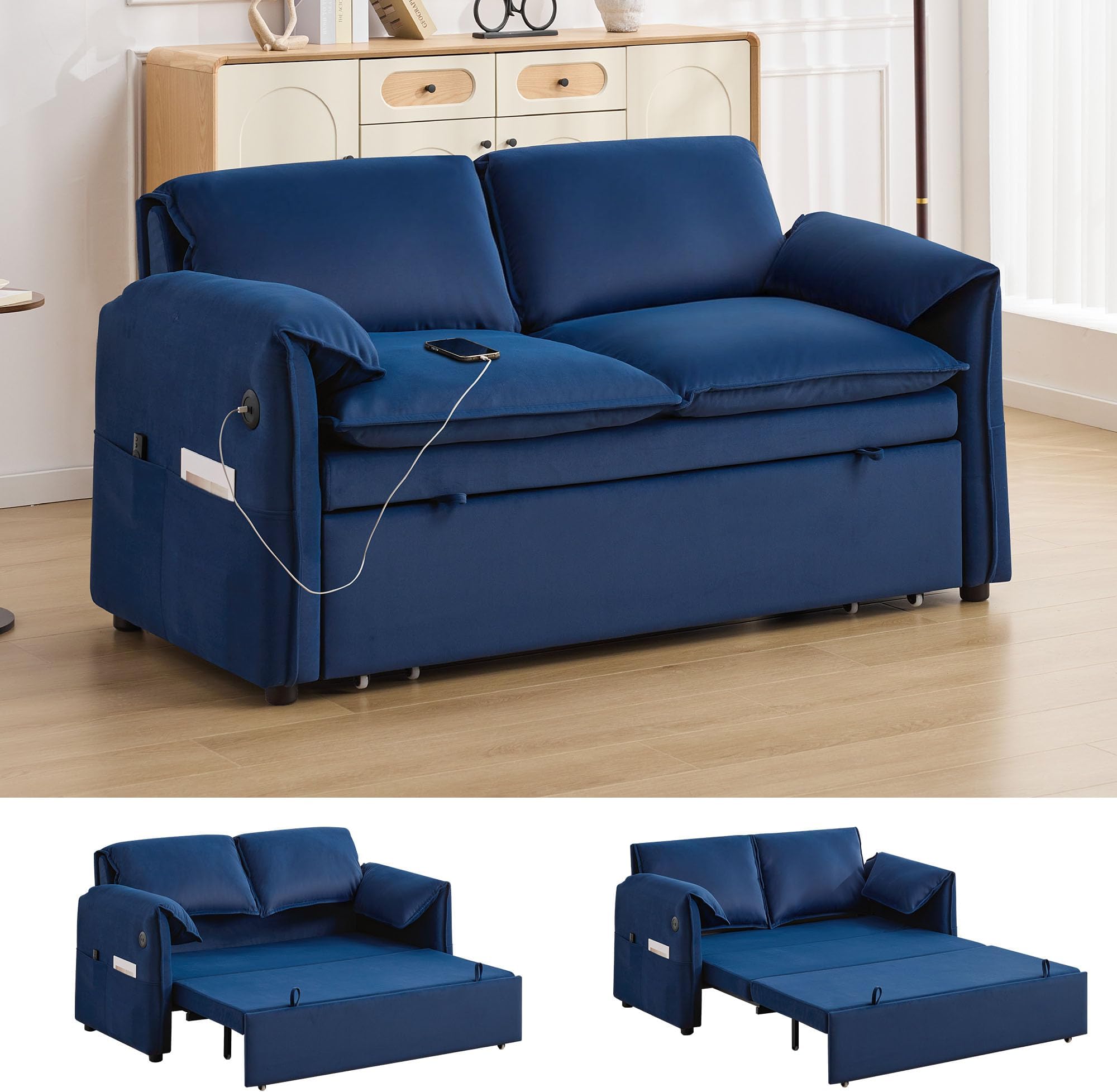 63" Velvet Pull Out Sofa Bed, 3-in-1 Convertible Futon Loveseat Queen Sleeper Sofa Couch Bed with Adjustable Backrest, USB Ports & Side Pockets, Modern Sofas for Living Room, Apartment, Blue