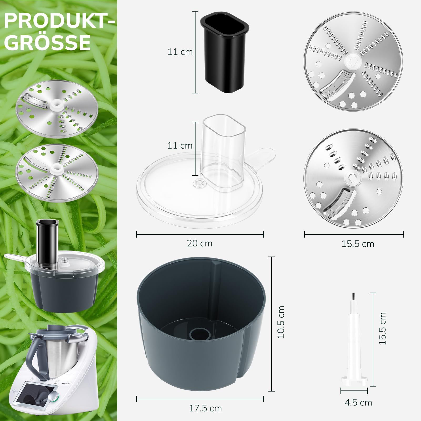 Gemüseschneider für Thermomix TM5 & TM6, Spiralschneider & Gemüsereibe Edelstahl für Zucchini Kartoffeln Karotten Obst, Vegetable Chopper Slicer Gemüsefriseur mit 2 Schnittstärken Ohne Küchenmaschine