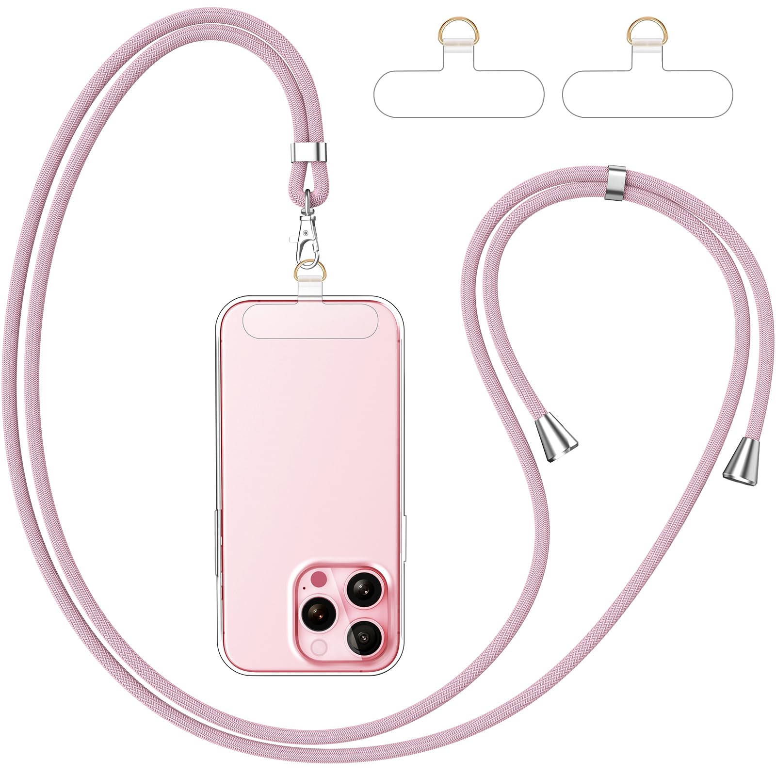 caslord Cordino per Cellulare con 2 Trasparente Patch Universali | Adatto con Tutti Gli Smartphone e Maggior Parte delle Custodia | 1,6 m Regolabile e Rimovibile | Oro rosa