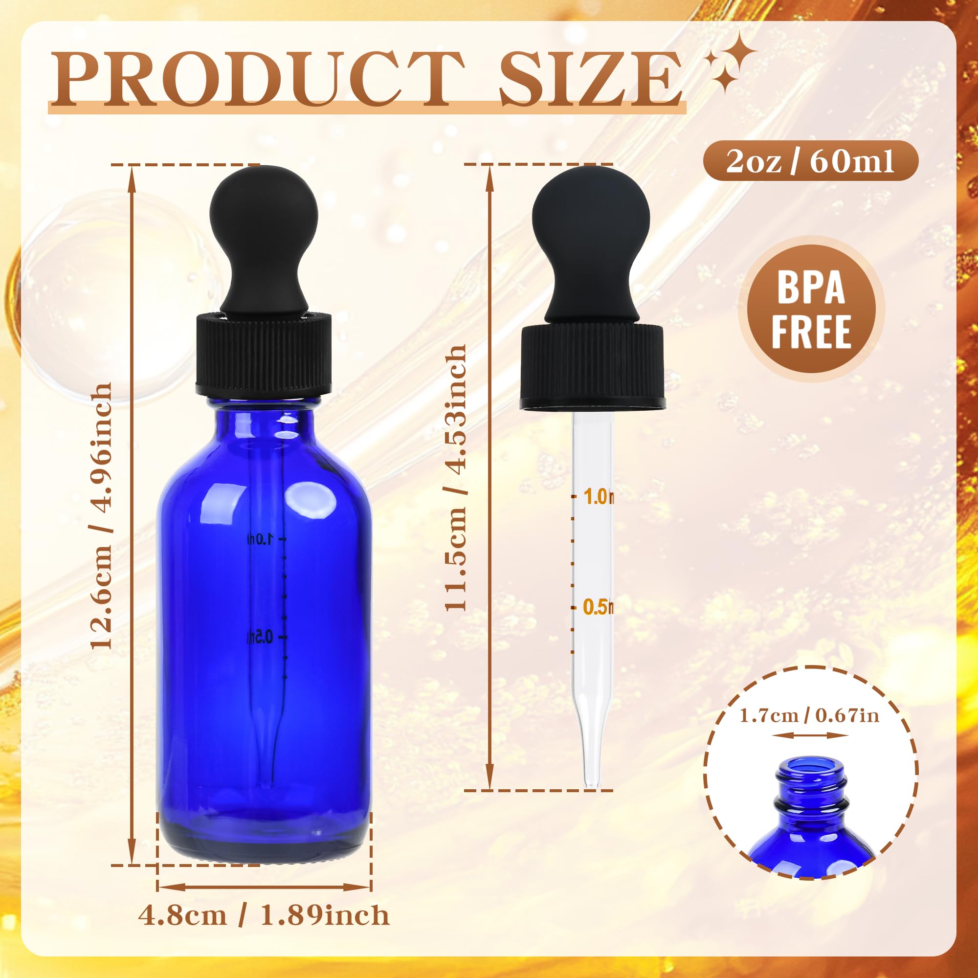 24 Stück blaue Tropfflaschen, 57 ml Glas-Tinkturflaschen mit gemessener Pipette und goldenen Kappen, auslaufsichere Reiseflaschen für ätherische Öle/Chemielabor, Chemikalien/Kölner und Parfums