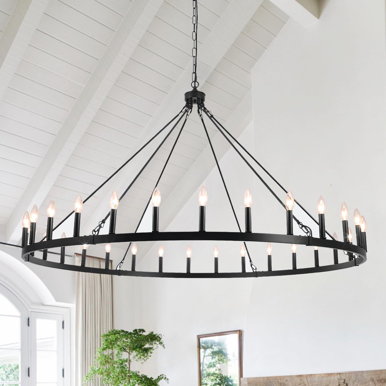 Black Extra Large Wagon Wheel Chandelier, 60 inch 30 Lights Farmhouse Chandelier, Industrial Candle Round Pendant Light Fixture for High Ceiling Living Room Dining Room Entryway