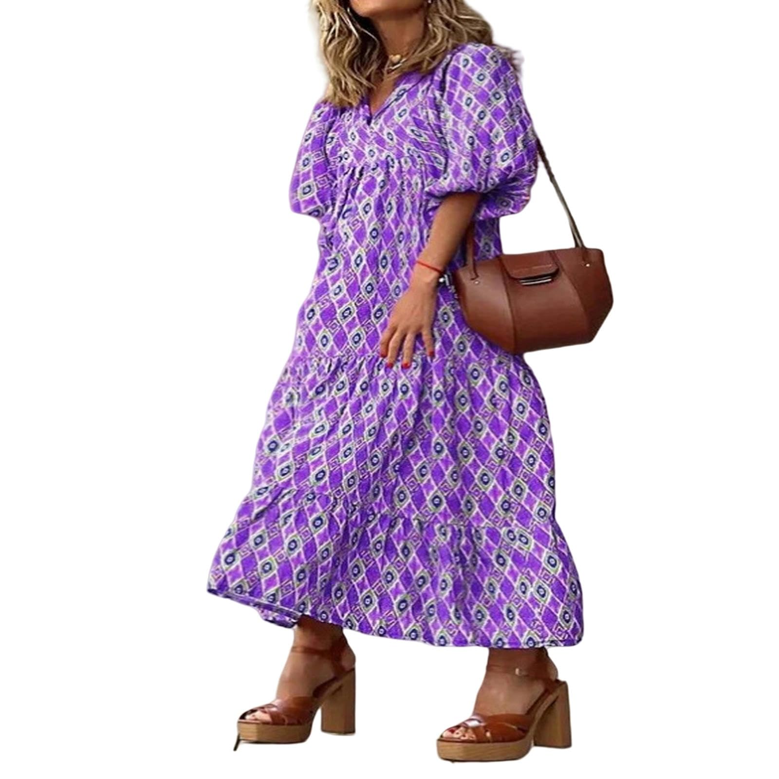 Vestidos Mujer Corte Holgado Casual Verano Cuello en V Media Manga Bohemia Patrón Geométrico Maxi Vestidos Largos YYEFNMAZ