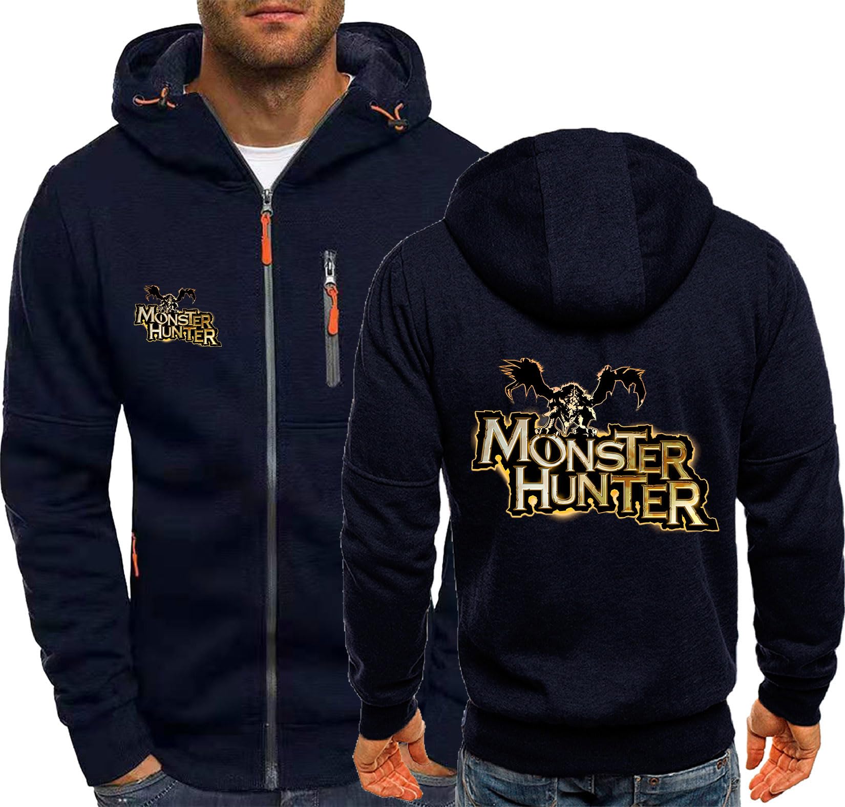 Unisex Pullover Hoodie For Monster Hunter Zipped Hooded Sweatshirts For Mens Women Jumper Warm Cosy Hoody Outerwear Teenagers Hoodies,Navy blue-XL