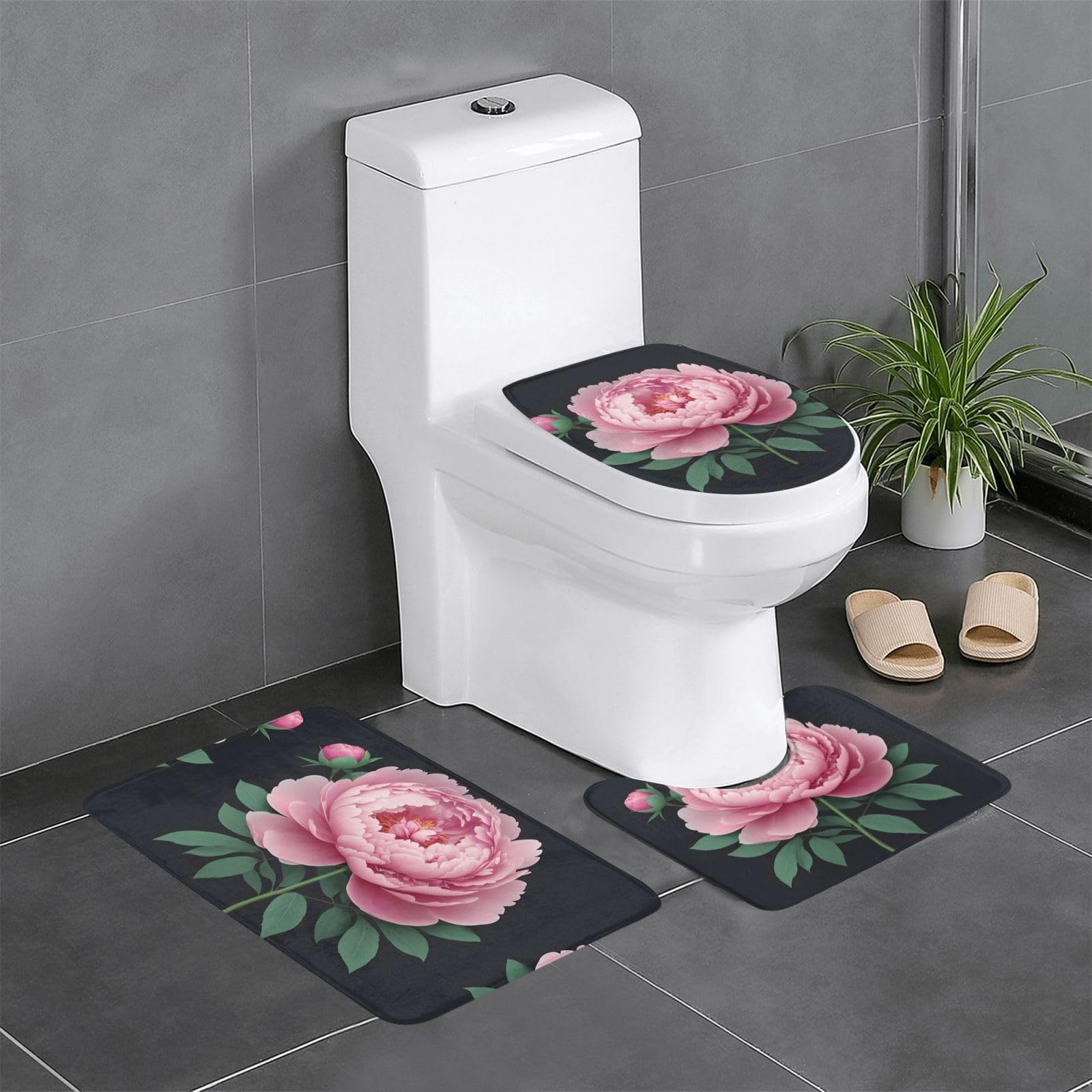 Tapis de salle de bain pivoine rose lot de 3 antidérapants pour meuble-lavabo