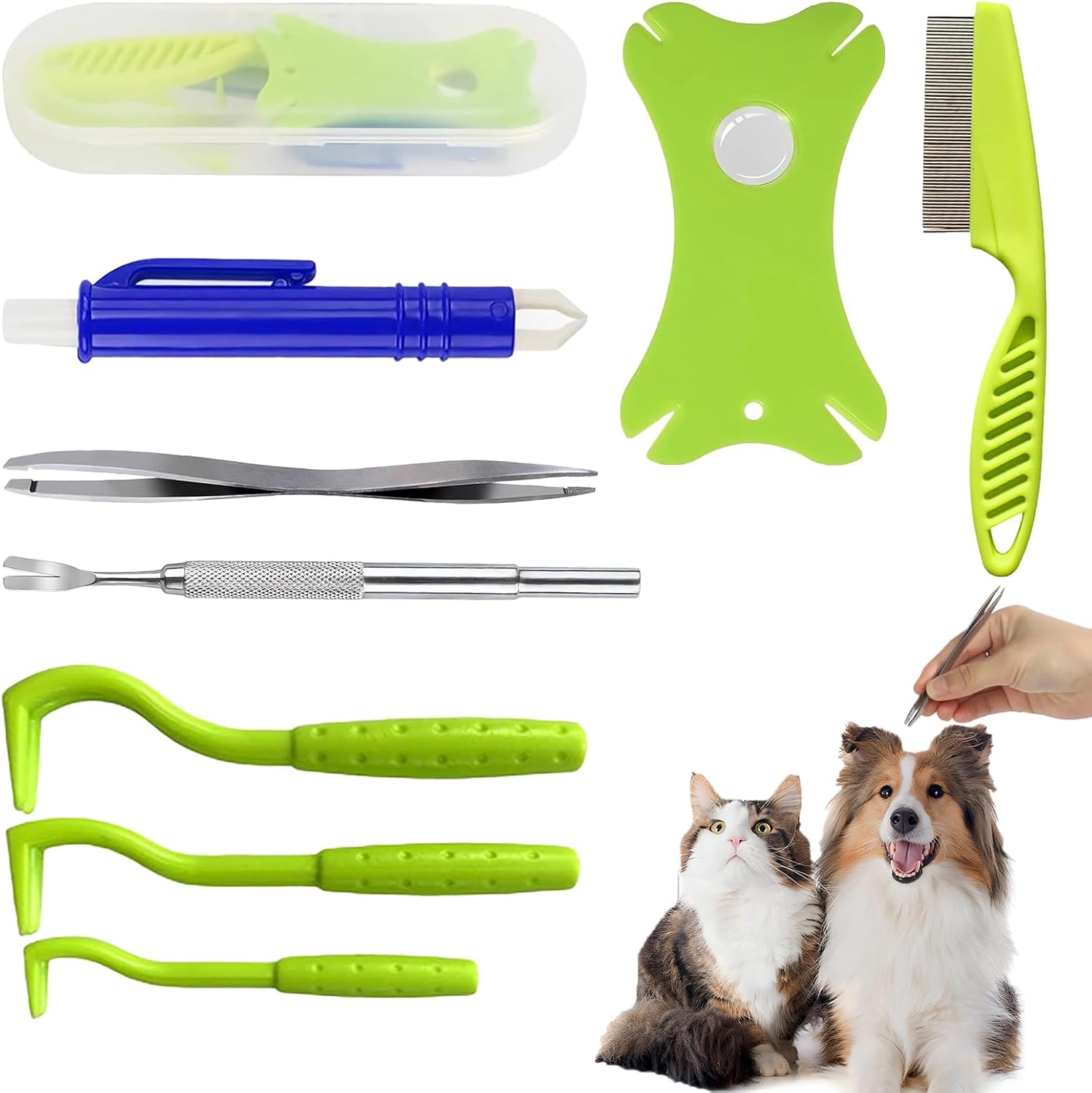 Tick Removal Tool 8 in 1 with Storage Box, Flea Comb, Magnifying Glass, Tick Tweezers, Dog Tick Remover Tool Tick Removal Kit Tick Removal Tool for Dogs Cats Pet Tick Comb