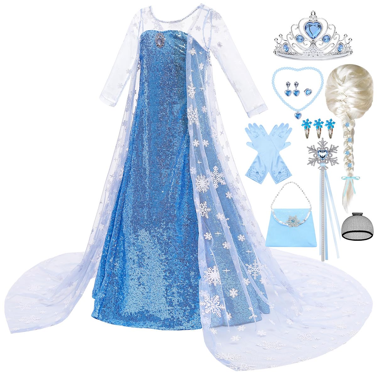 ZaisuiFun Princess Elsa Dress for Girls Kids Sequin Costume Halloween Birthday Party Dress Up With Accessories
