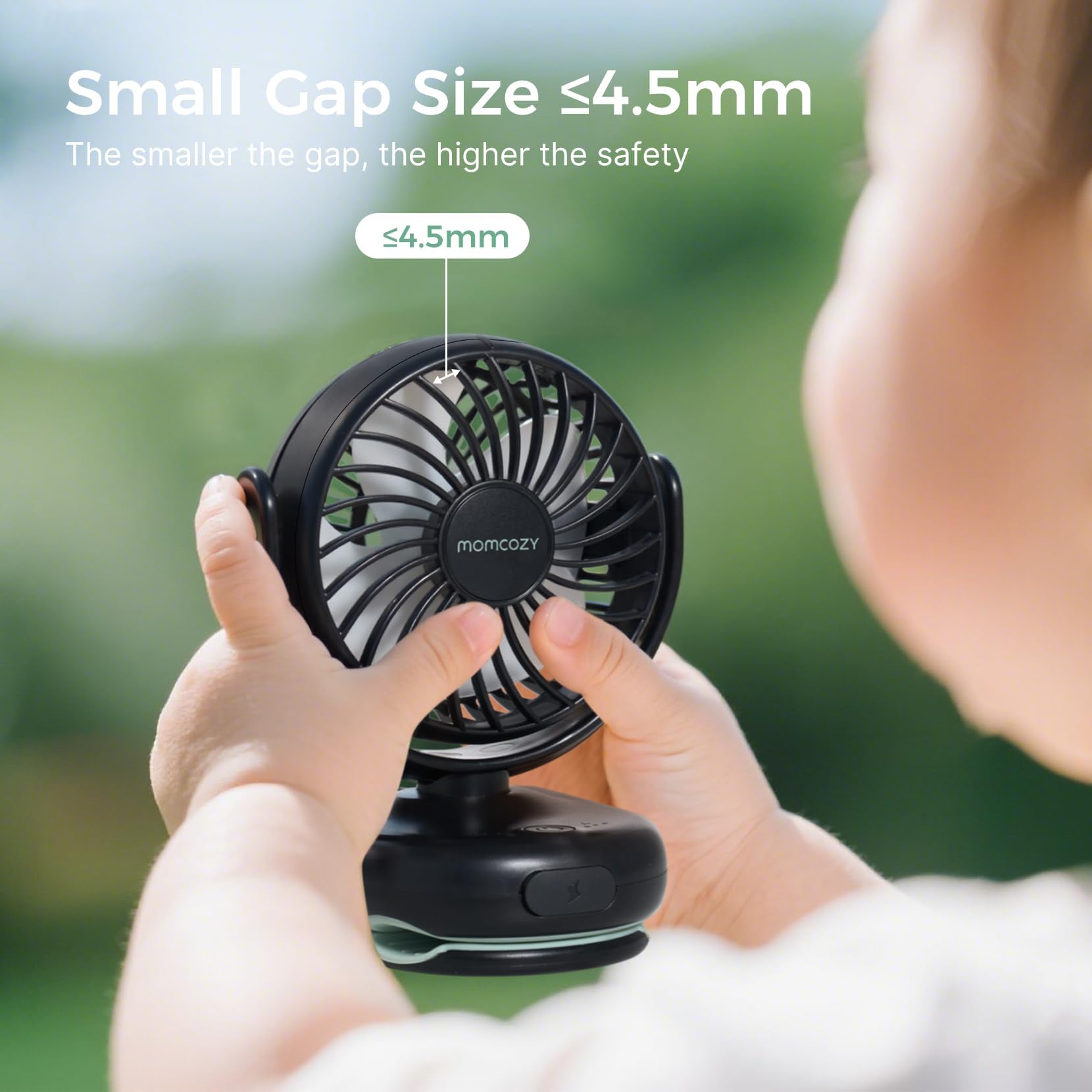 momcozy Przenośny wentylator do wózka dziecięcego z klipsem, 4 prędkości, do nosidełka, ultralekki 118 g, szczeliny ≤4,5 mm, ładowalny i obrotowy, do wózka podróżnego i biura