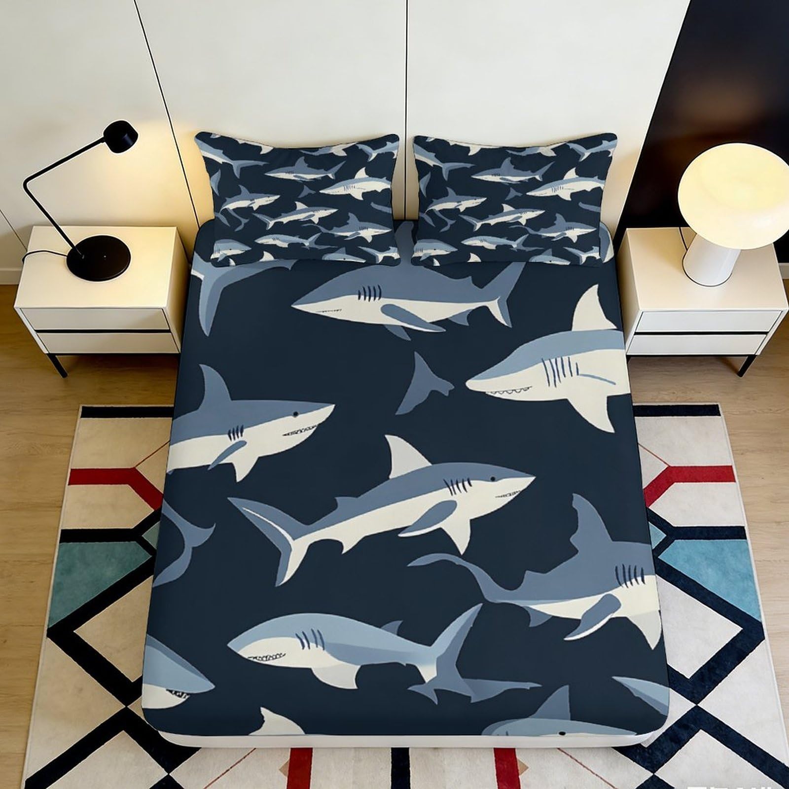 3D Printed Shark Ocean Fitted Sheet Microfiber Soft Navy Blue Mattress Cover for Bedroom Guest Room Decor 90x200x25cm
