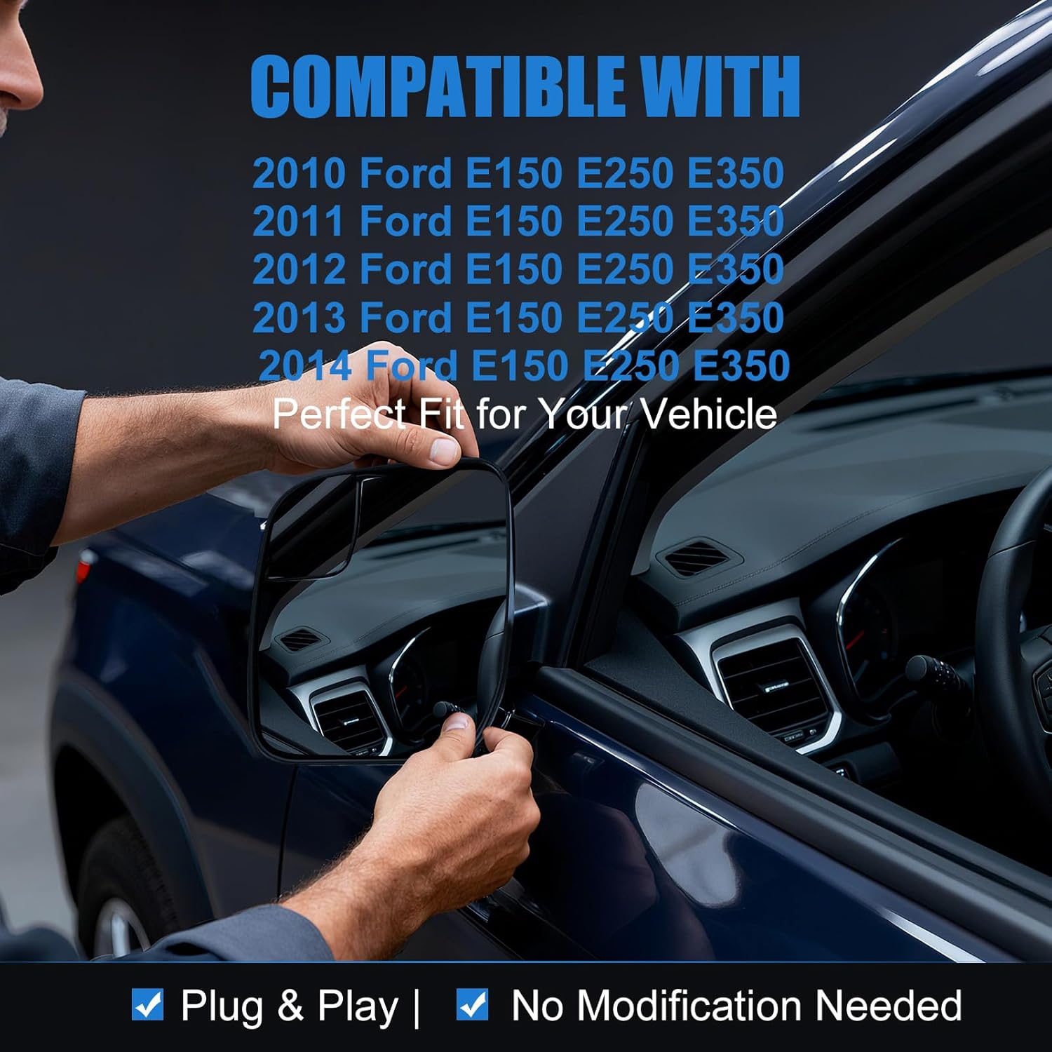 Driver Side Mirror Glass with Backing Plate Compatible with 2010-2014 Ford E150 E250 E350 Super Duty Econoline Van, Left Convex Lens Replacement